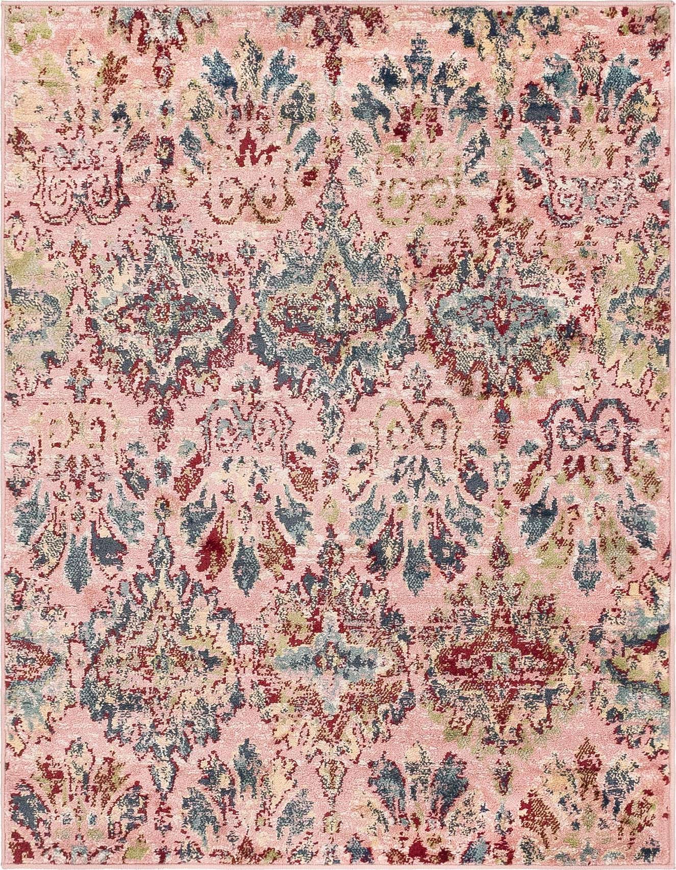 A 4x6 rectangular Charleston rug in shades of pink, blue, and red with a distressed transitional floral pattern.