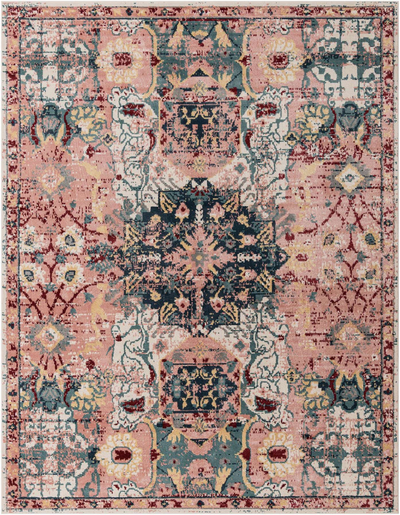 A large 10x14 rectangular pink transitional rug featuring a distressed medallion and floral pattern in pink, blue, yellow, and cream.