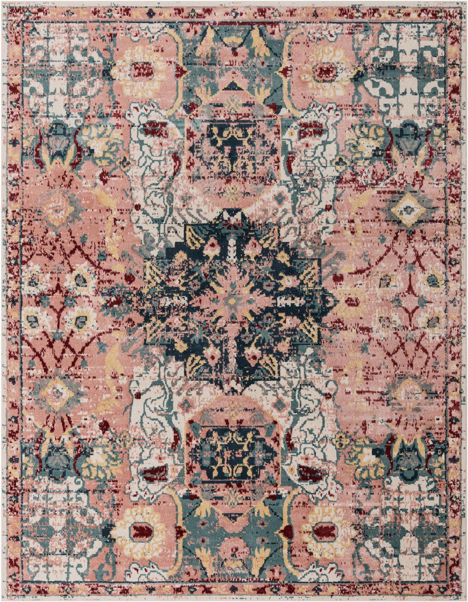 A 10x13 rectangular Charleston rug featuring a distressed transitional pattern in shades of pink, teal, yellow, and navy.