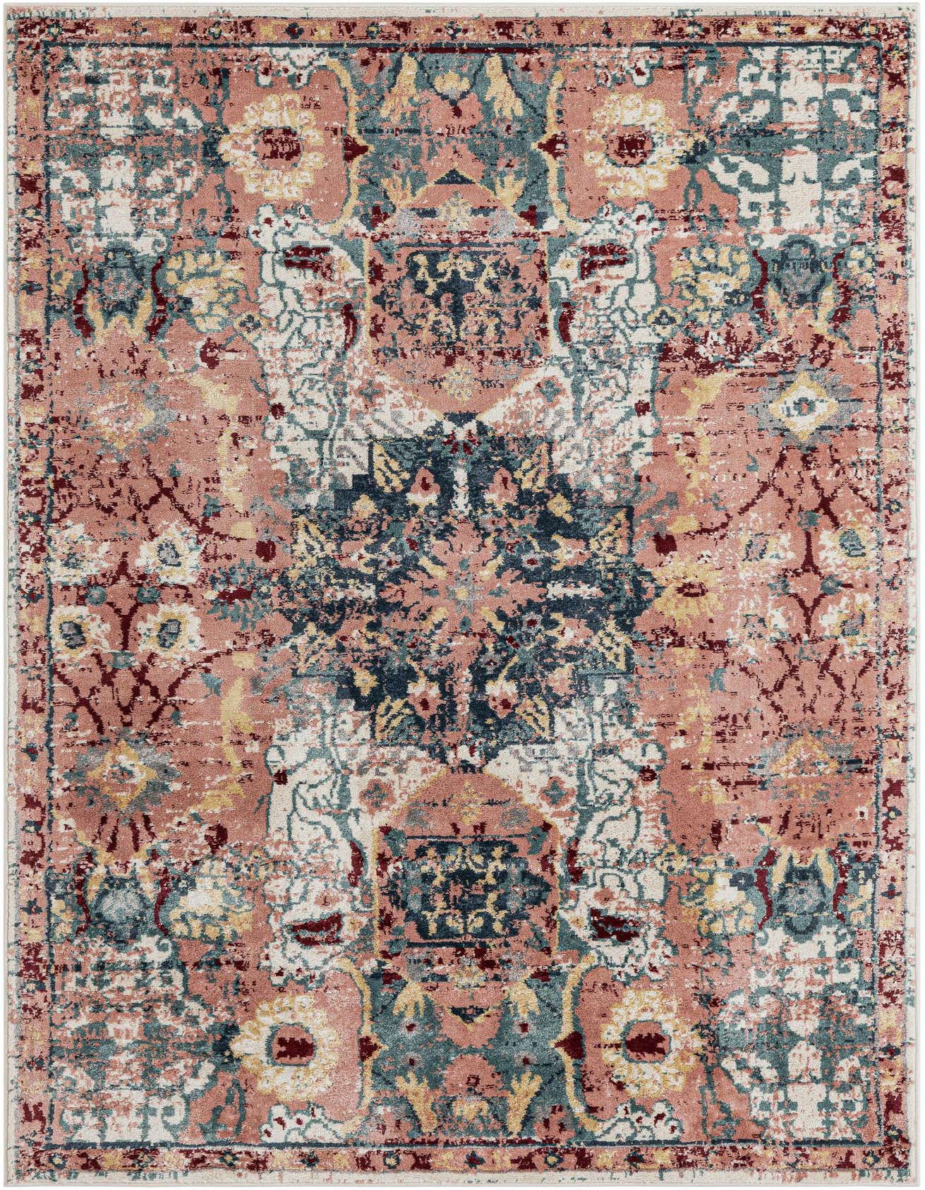 A 6x9 rectangular Charleston rug featuring a distressed pink, blue, and cream vintage medallion pattern, ideal for a living room.
