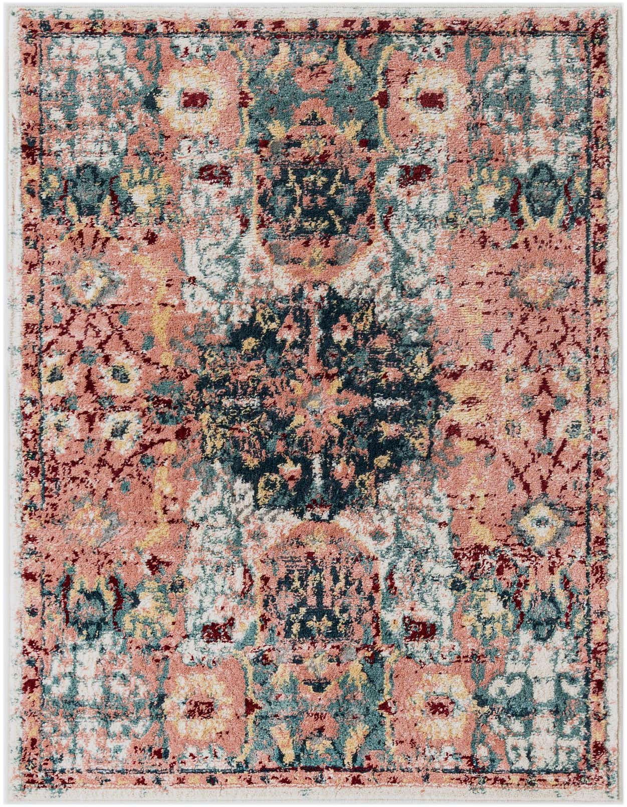 A 3x5 rectangular Charleston rug featuring an abstract, transitional pattern in shades of pink, teal, yellow, and white.