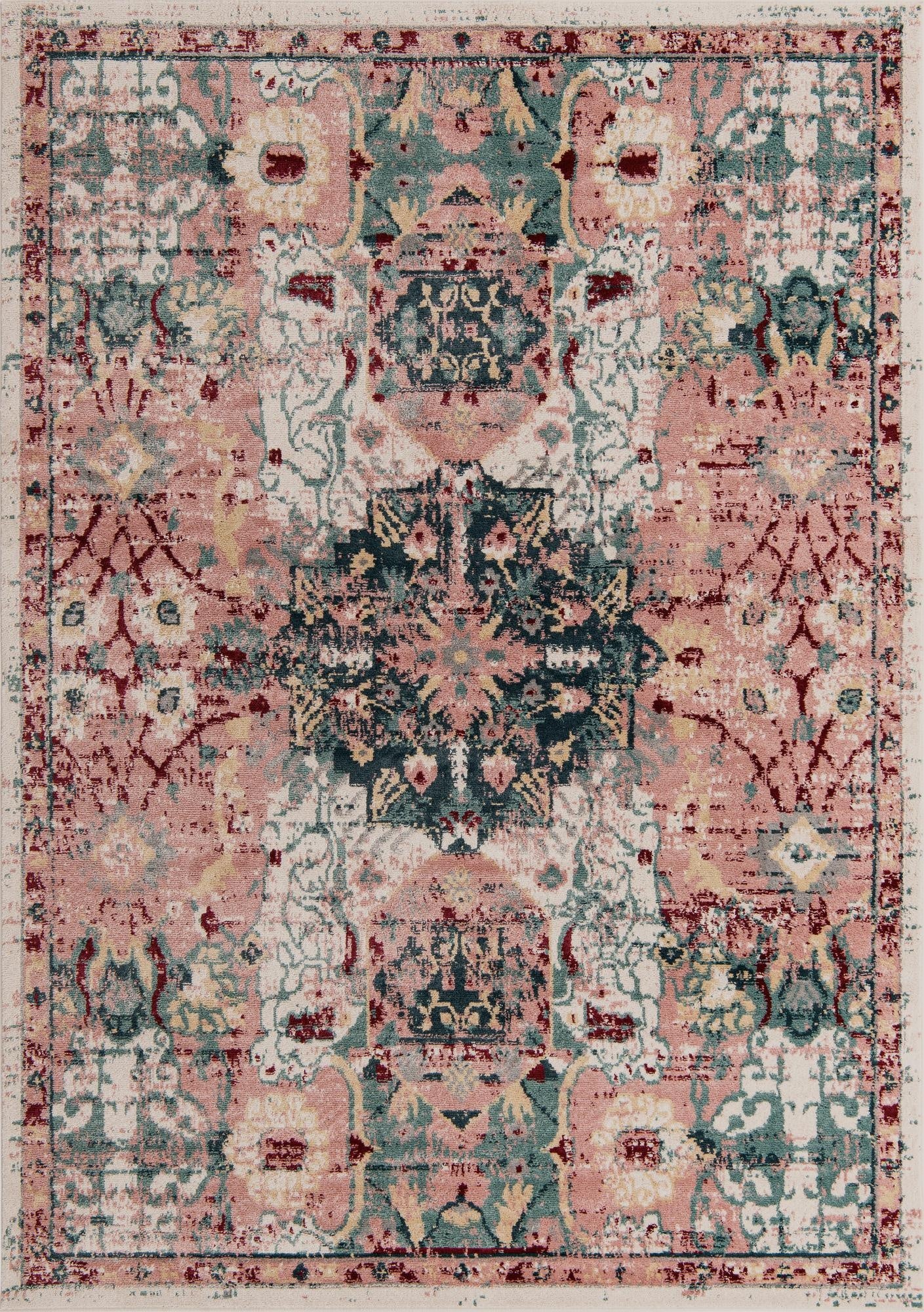 An 8x11 rectangular Charleston rug featuring a distressed pink, teal, and cream medallion pattern with a thin pile.
