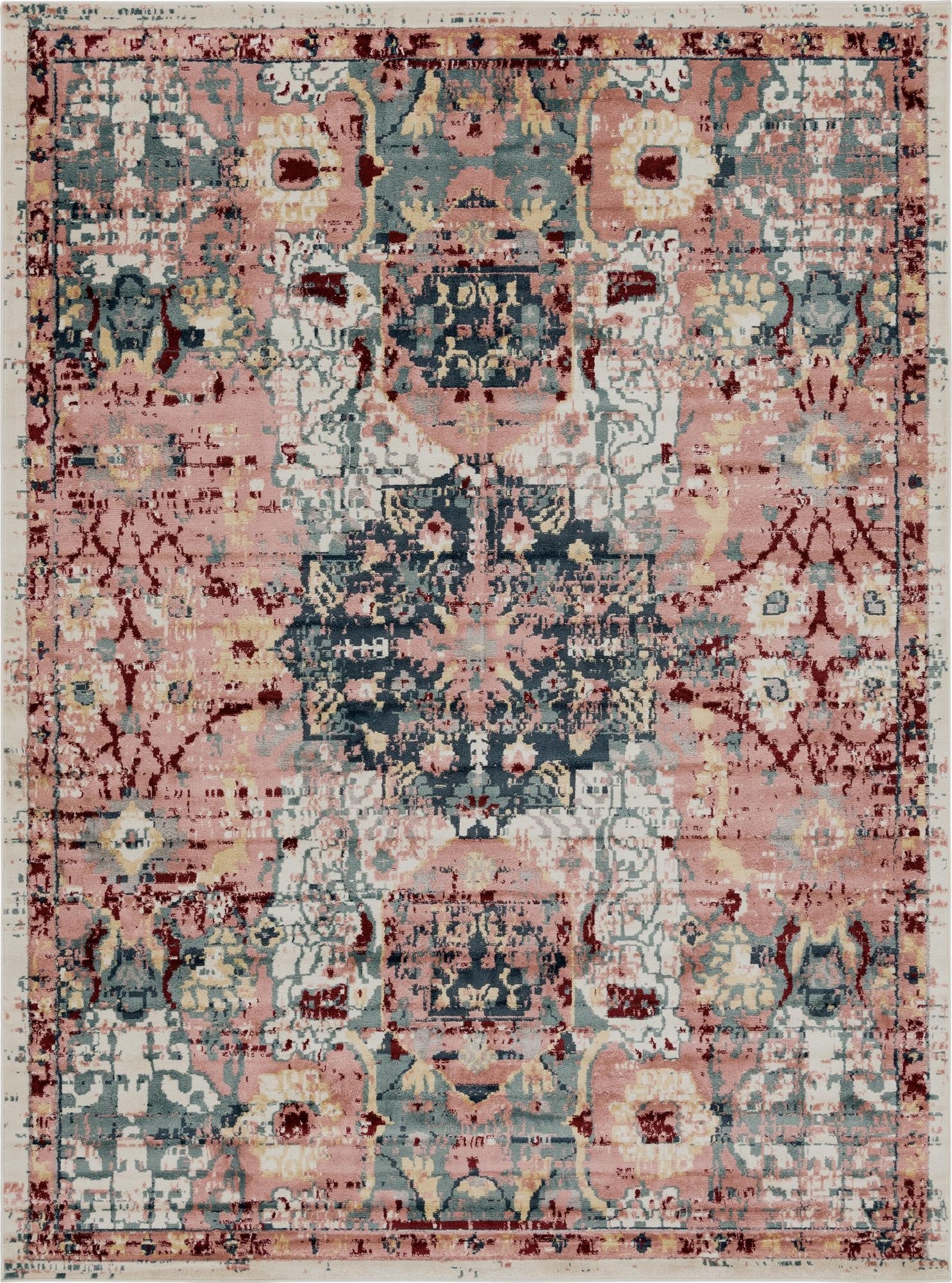 A 9x12 rectangular Charleston rug featuring a distressed transitional medallion pattern in shades of pink, blue, and cream.