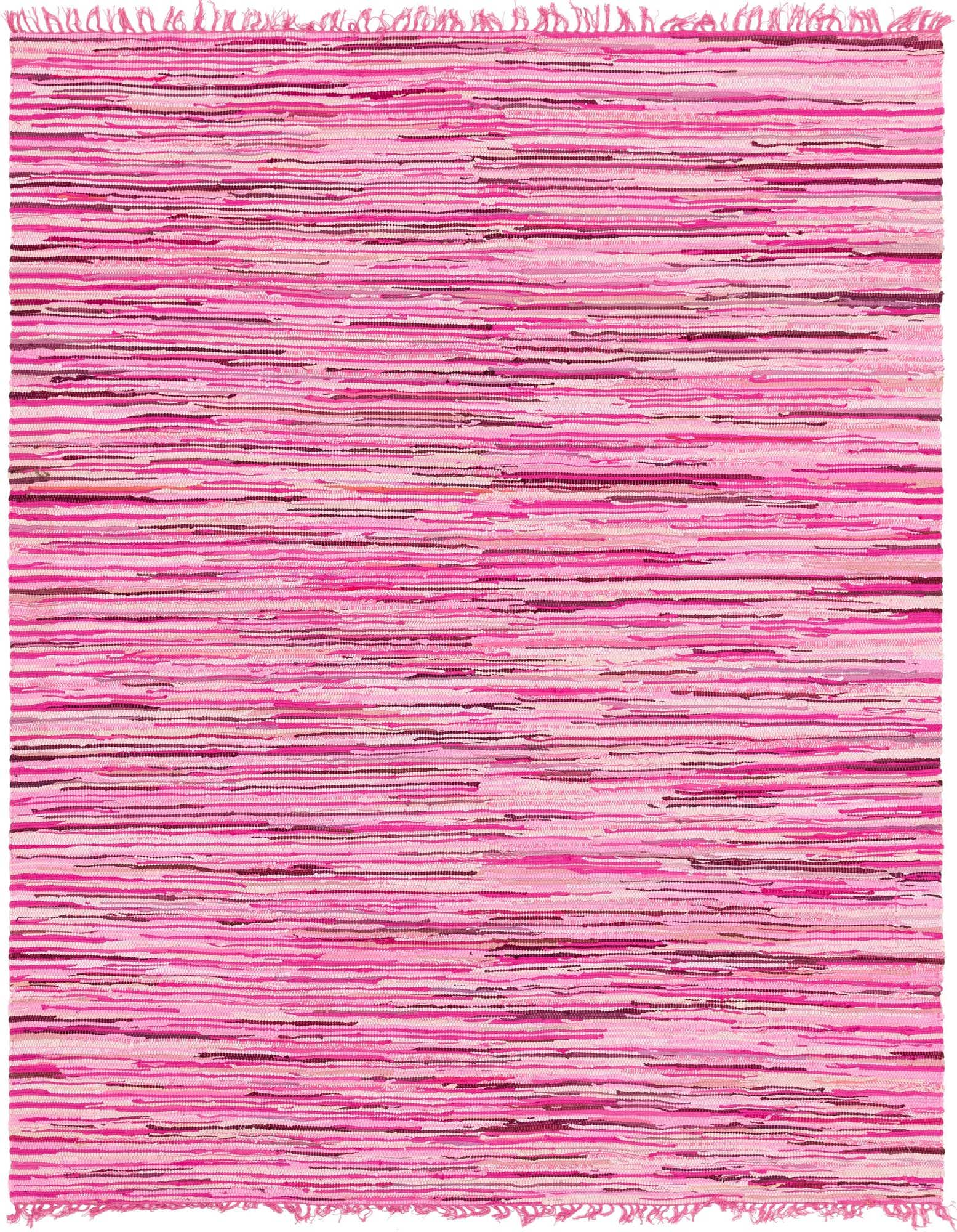 A vibrant 8x10 rectangular Chindi Cotton rug in various shades of pink, featuring a textured flatweave stripe pattern.