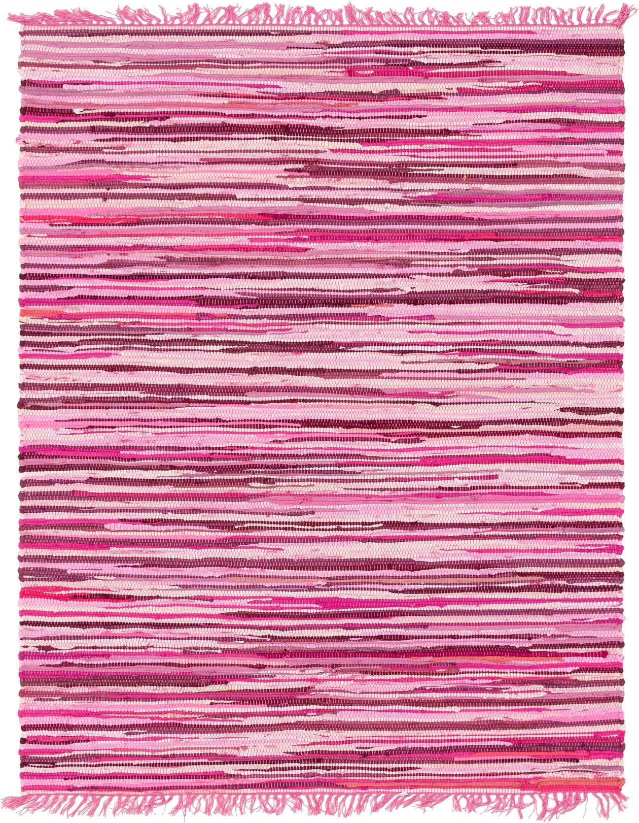 A 4x6 rectangular Chindi Cotton rug featuring varied pink stripes and fringe, ideal for a vibrant indoor space.