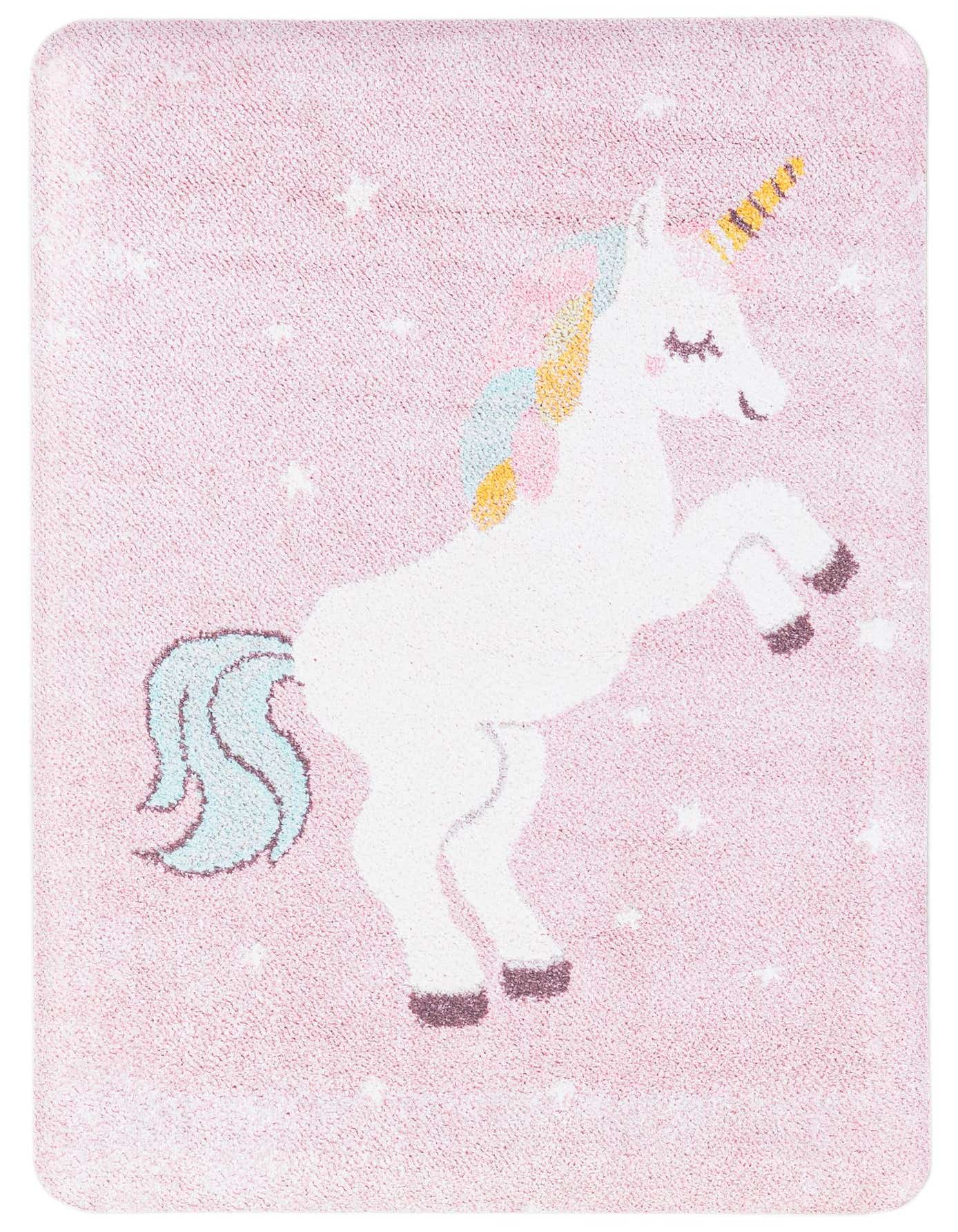 A rectangular 2x3 pink rug featuring a white unicorn with a yellow horn and blue and yellow mane, surrounded by white stars, designed for a child's room.