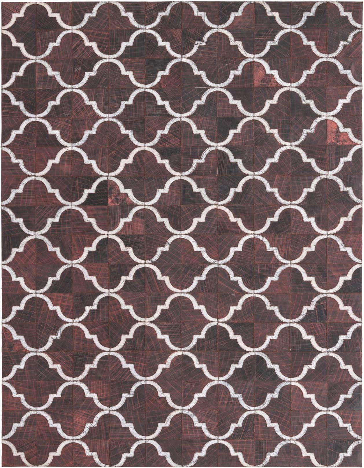 A 5x8 rectangular Cowhide rug featuring a modern trellis pattern in shades of pink and white, suitable for a living room.