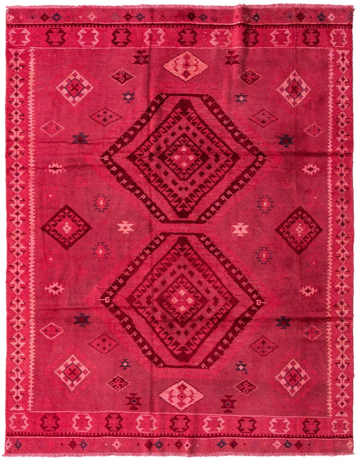 A 6x9 rectangular Darya rug in shades of pink, featuring two large central modern geometric diamonds and intricate border patterns, handmade from wool and silk.