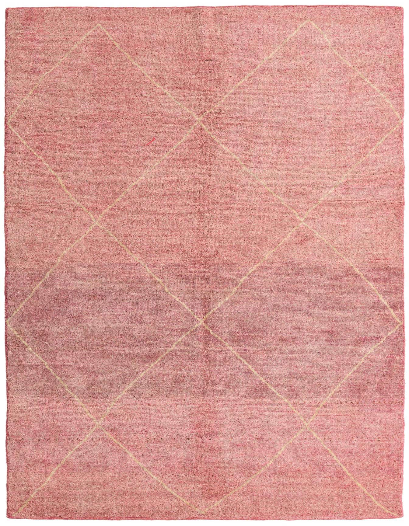 A 5x8 rectangular Darya Collection rug in varying shades of pink with a subtle cream diamond pattern, ideal for a living room.