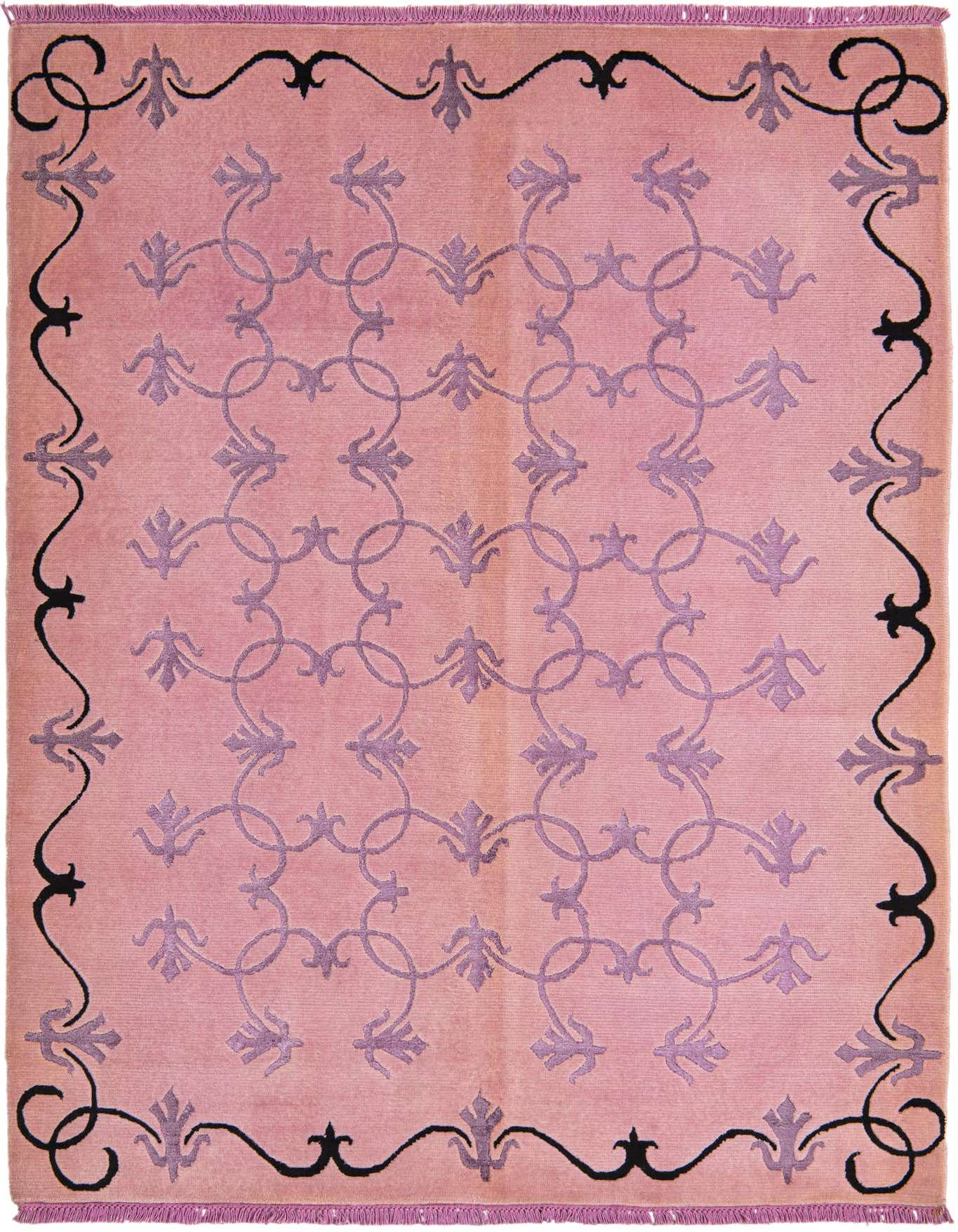 A 4x6 rectangular pink wool rug with a modern oriental pattern, featuring light purple floral motifs and a black wavy border.