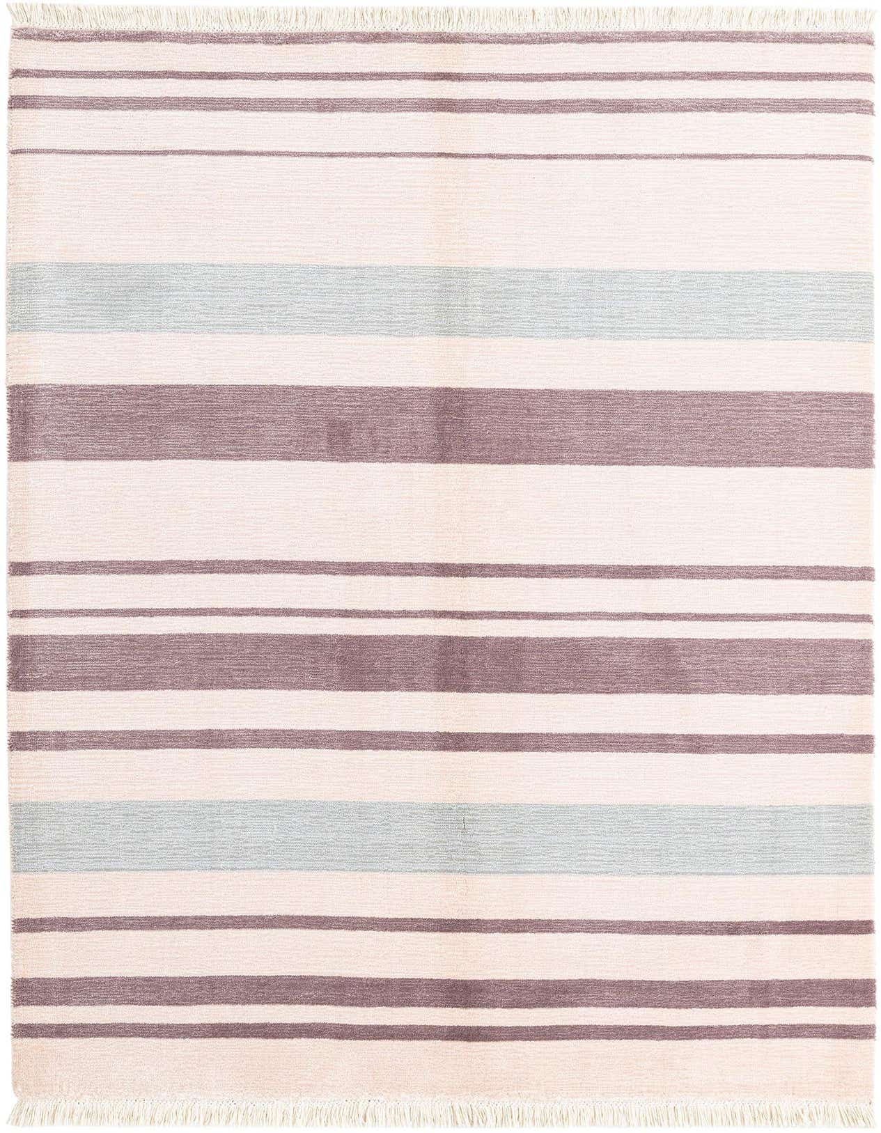 A 3x5 rectangular Darya rug with horizontal stripes in varying shades of pink, white, and light blue, featuring fringed ends.