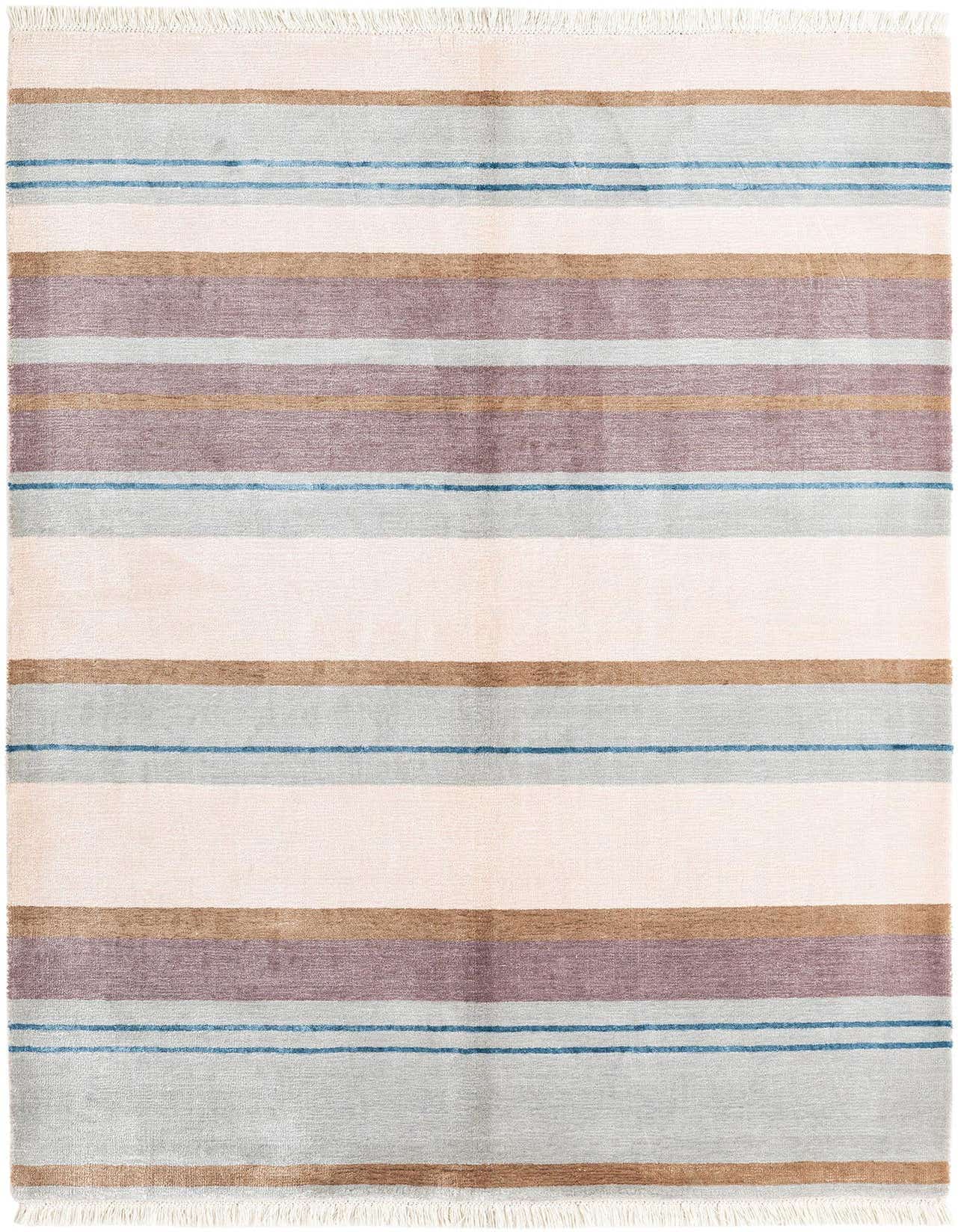 A 3x5 rectangular Darya rug featuring broad stripes in shades of pink, brown, and light blue, with thin dark blue accent lines, and fringed ends.