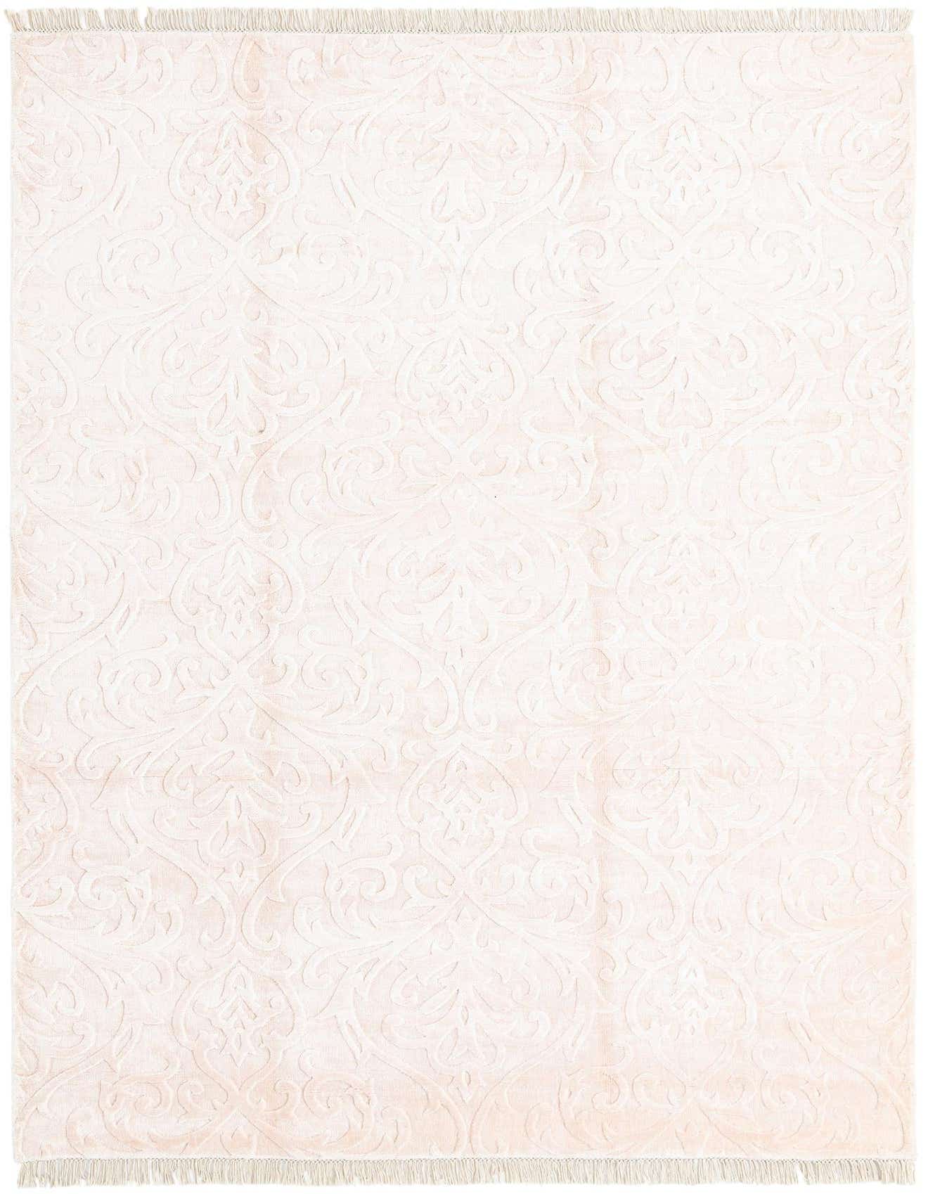 A 5x8 rectangular Darya rug in soft pink with a subtle raised modern Persian pattern and delicate fringe.