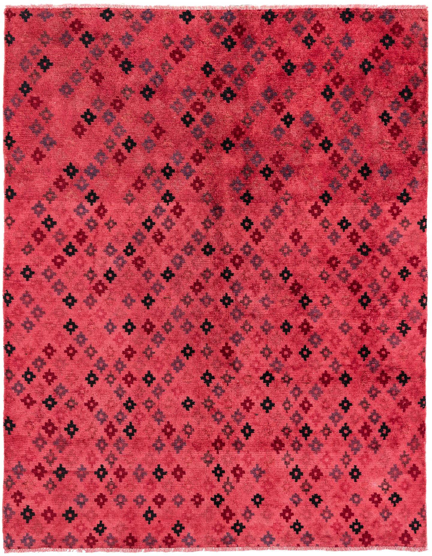 A 5x8 rectangular Darya rug by Rugs.com with a high pile, featuring a modern pattern of small, scattered pink, red, and black geometric shapes on a vibrant pink background.