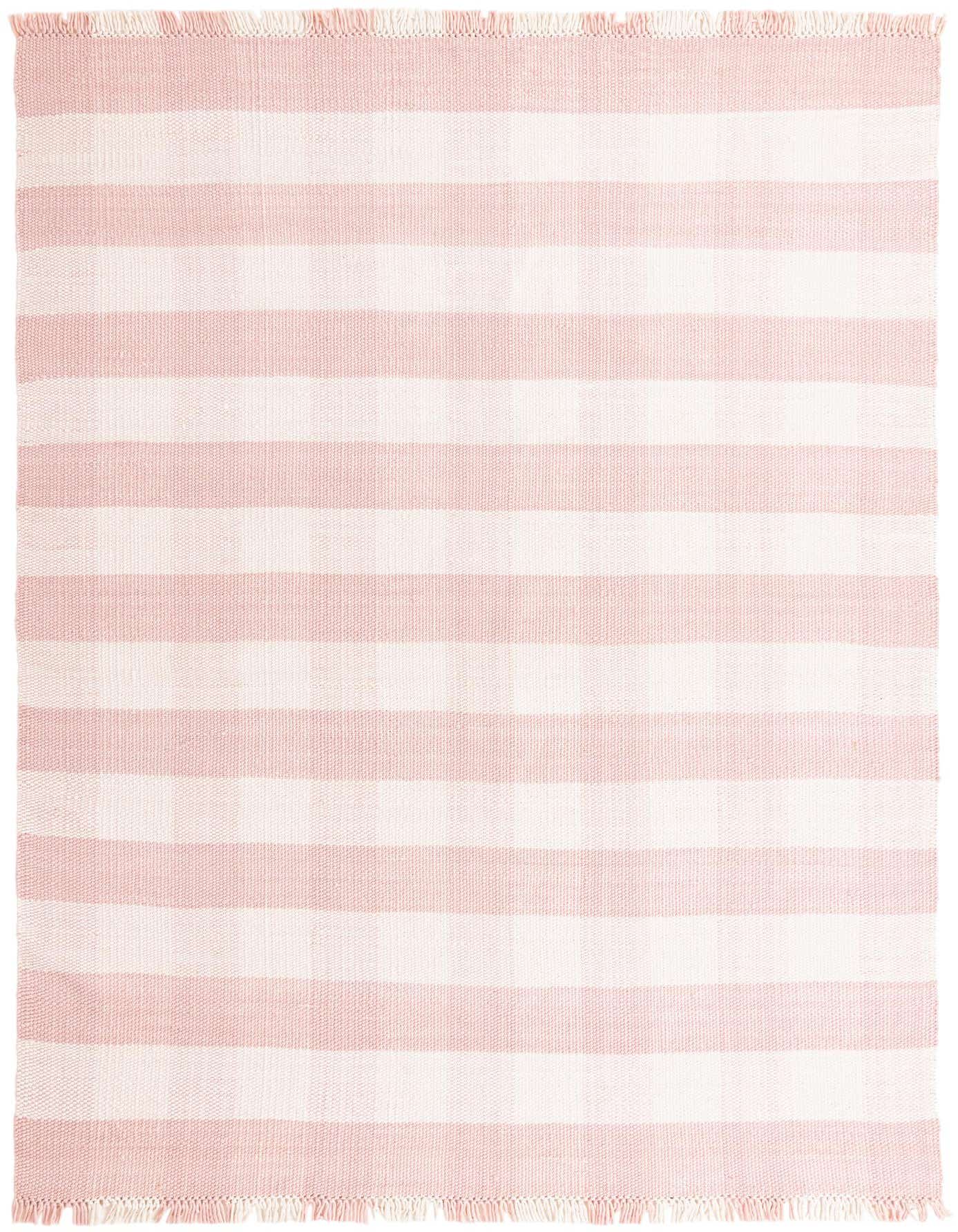 A 10x14 rectangular Eco Plaid rug in soft pink and white stripes, made from recycled plastic bottles, suitable for indoor/outdoor use.