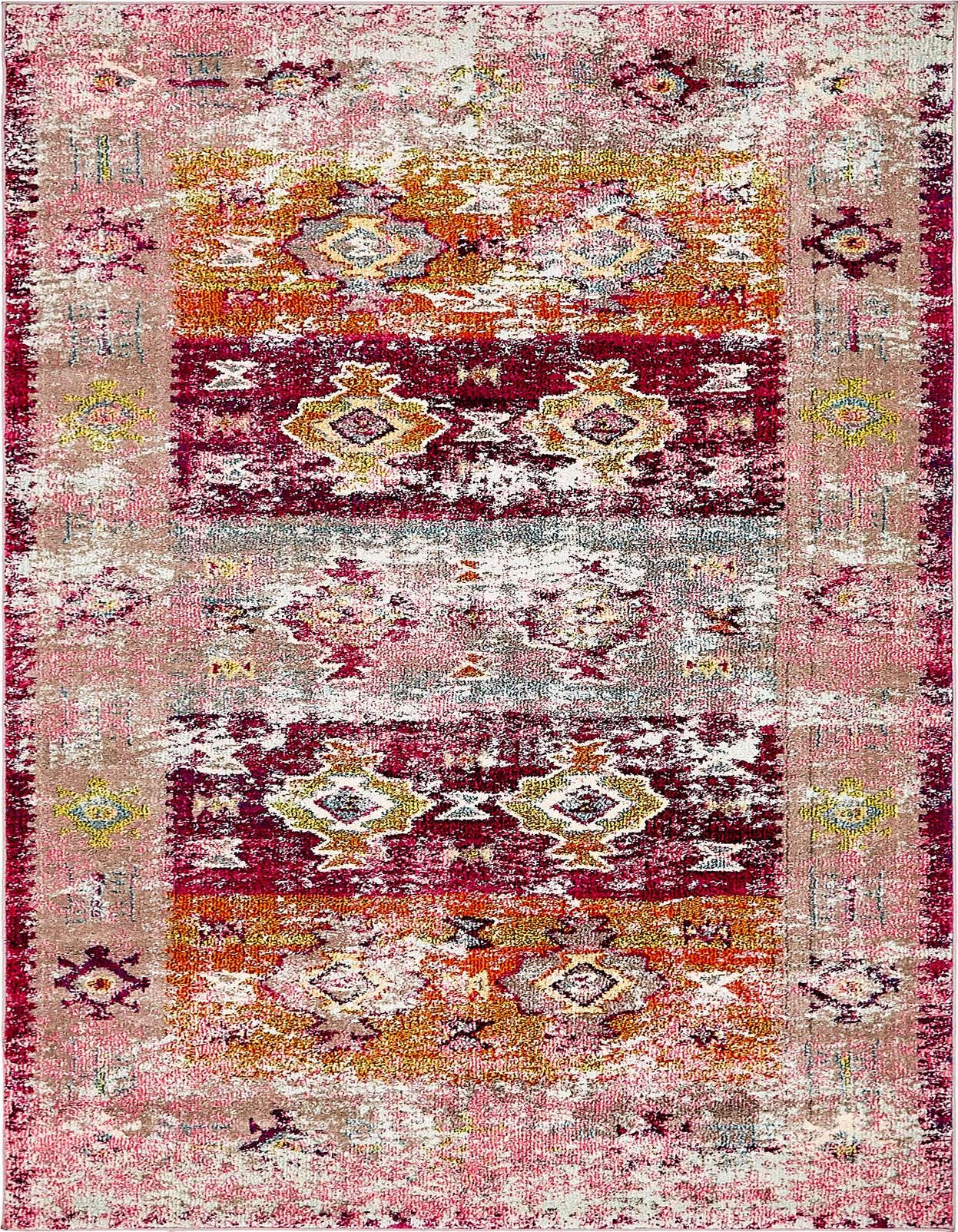 A 5x8 rectangular El Paso rug with a distressed bohemian pattern in shades of pink, orange, red, and cream.
