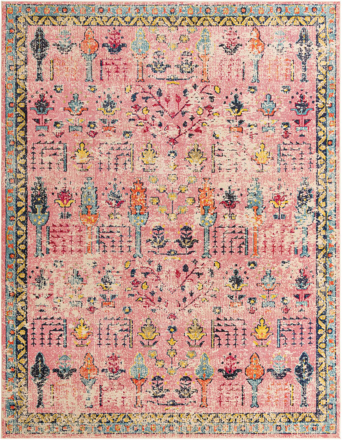 A 9x12 rectangular El Paso rug with a distressed pink background and colorful bohemian, tribal patterns in blue, yellow, and orange.