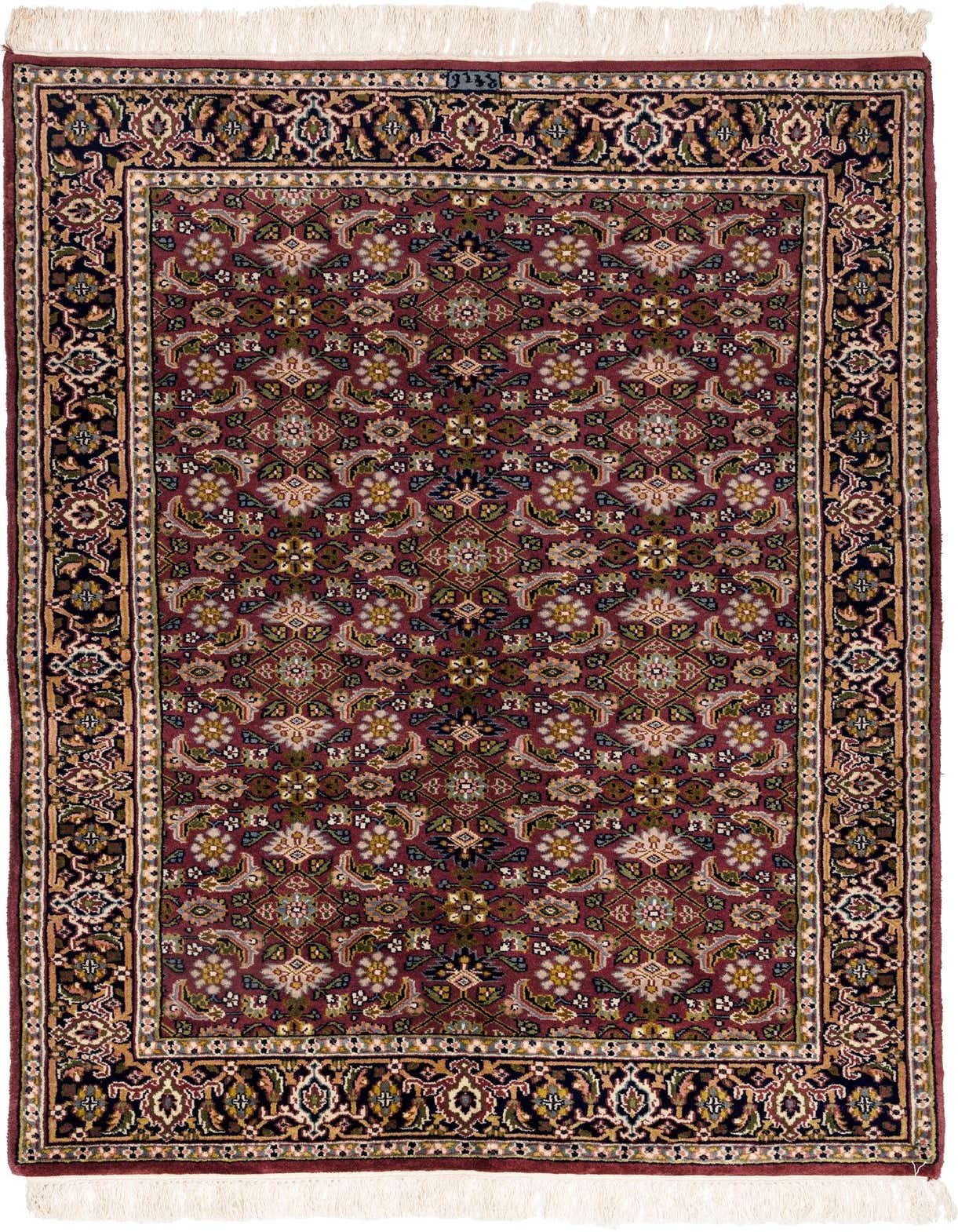 A 4x6 rectangular Farahan rug featuring a traditional floral pattern in shades of pink, cream, and dark blue, with white fringe.