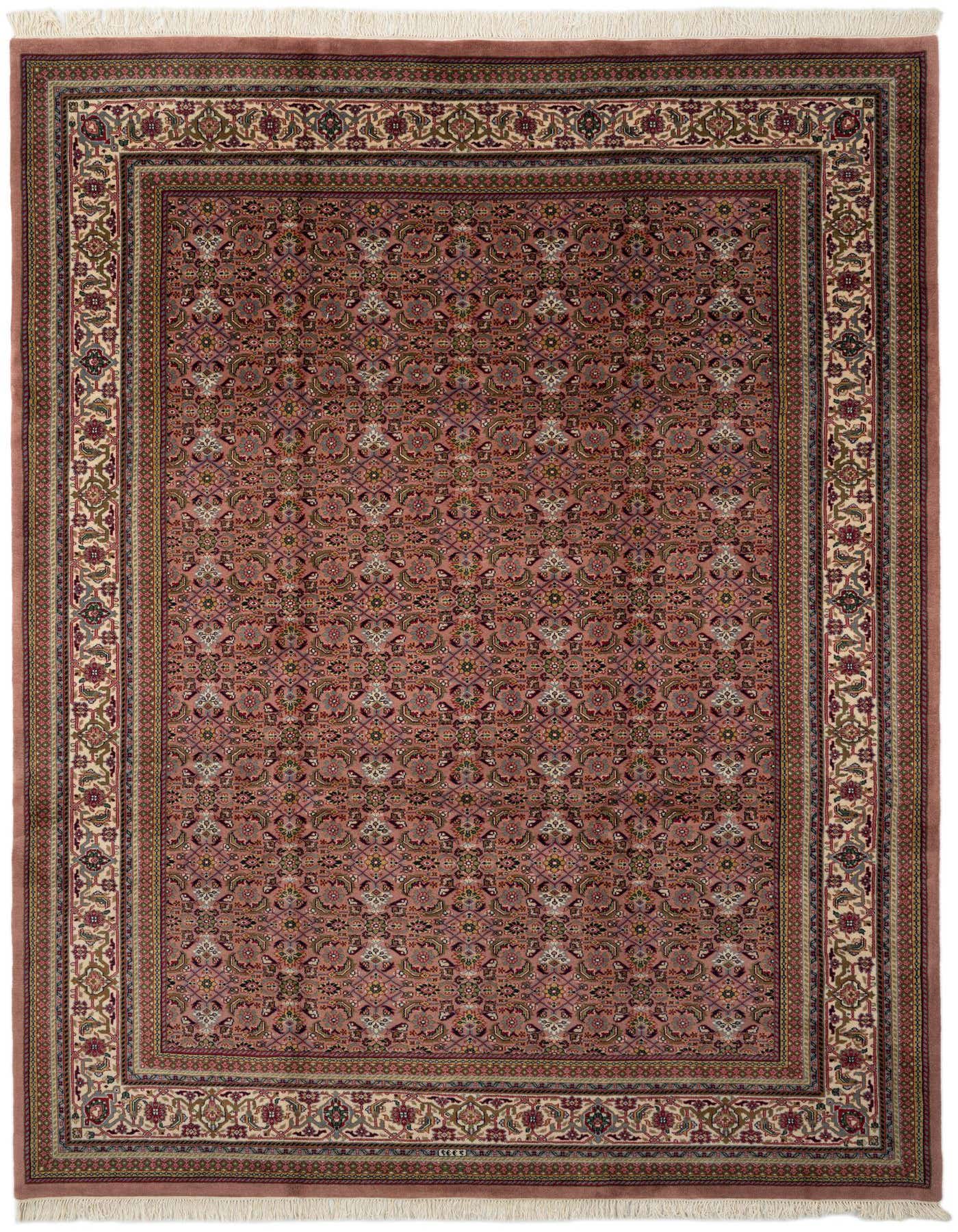 A rectangular 8x11 pink traditional Farahan rug with intricate floral patterns and a detailed border.