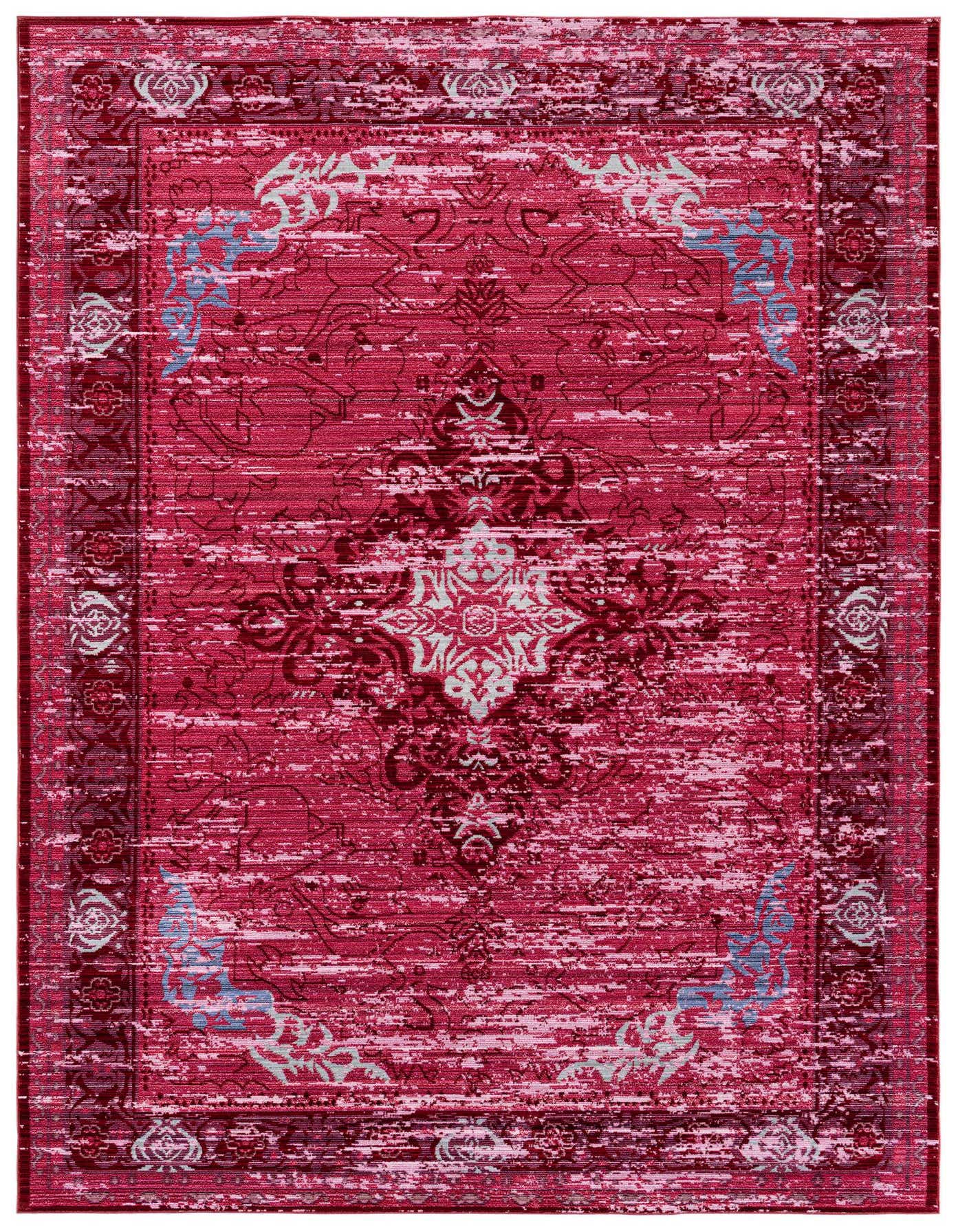 A 6x9 rectangular pink area rug with a distressed modern oriental medallion pattern in various shades of pink and light blue accents.