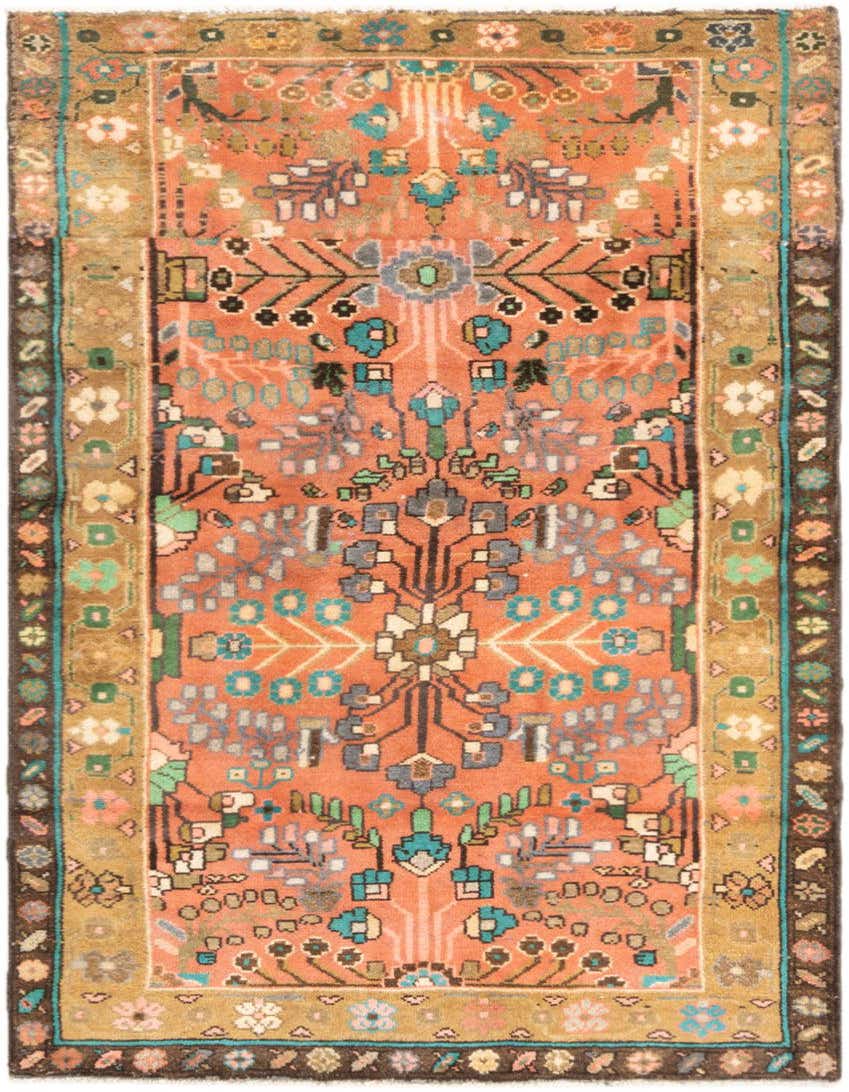 A 3x5 rectangular pink Hamedan tribal wool rug with intricate floral and geometric patterns in blue, green, and brown.