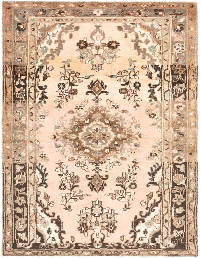 A 3x5 rectangular Hamedan wool rug with a light pink field, tribal medallion, and intricate floral border.