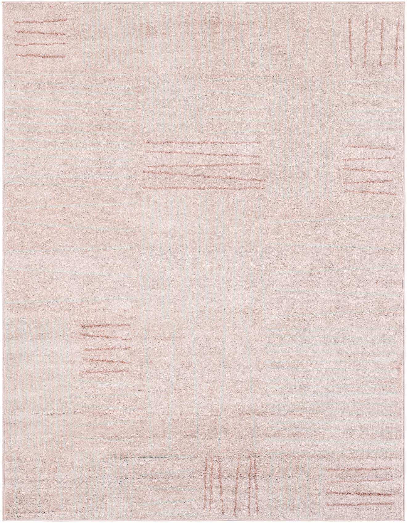 A 5x8 rectangular Hanahan rug in soft pinks with a modern abstract pattern of horizontal and vertical dashes.