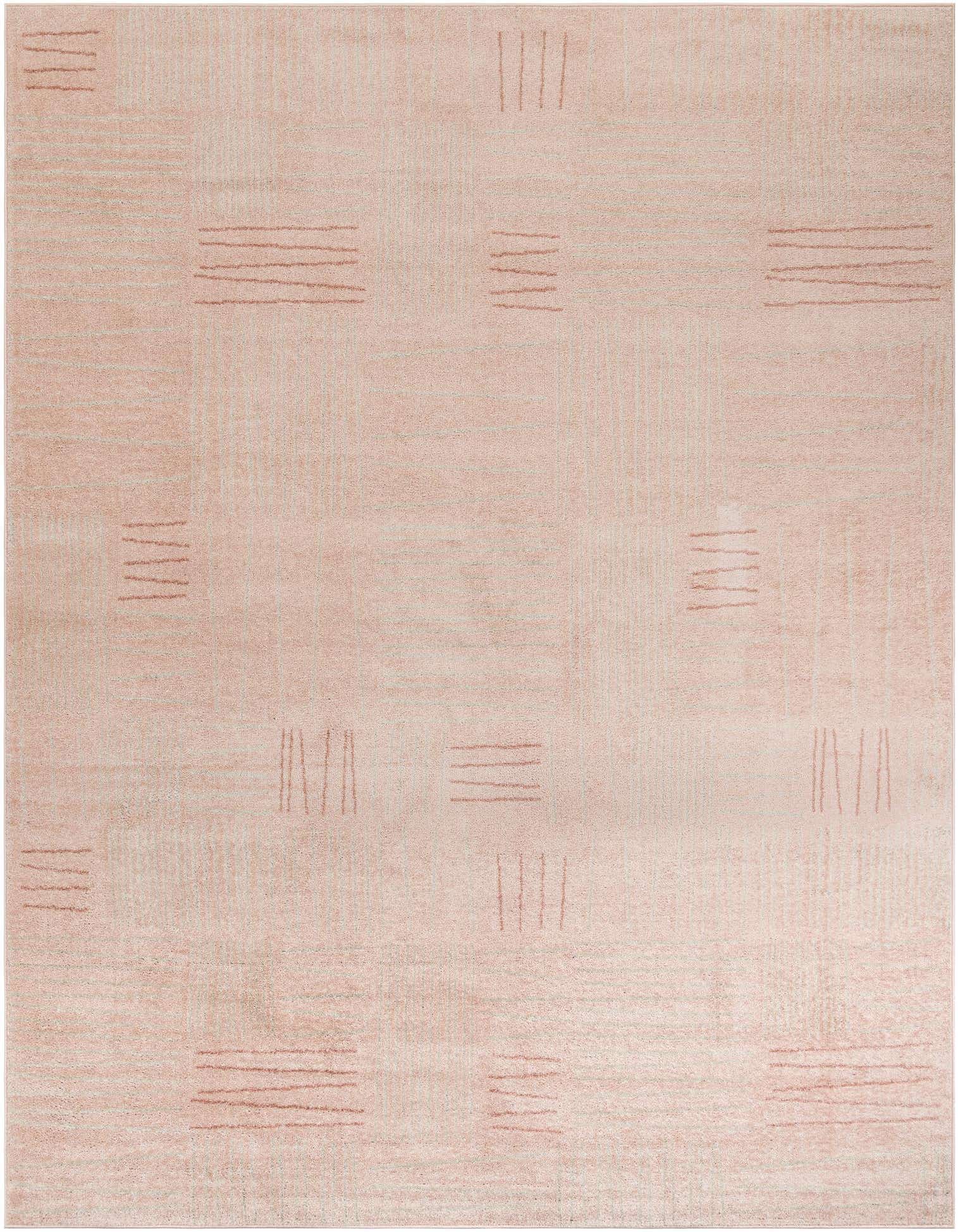 A 9x12 rectangular pink modern area rug with an abstract pattern of subtle horizontal and vertical lines.