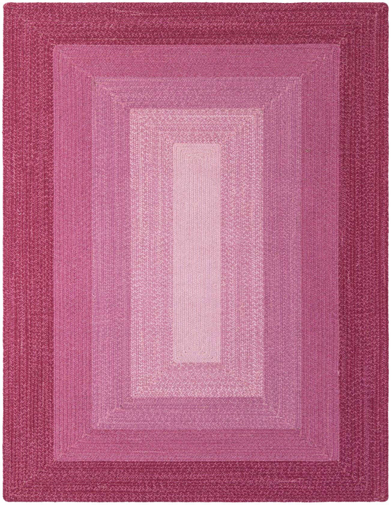 A 5x8 rectangular Hand Braided Wool rug featuring a modern ombre design with shades of pink, from deep fuchsia to light blush.
