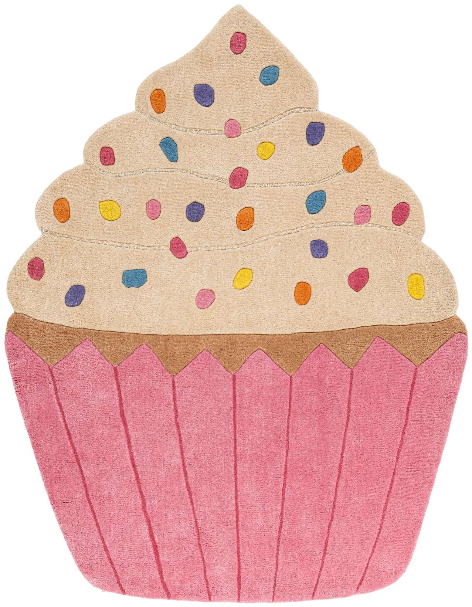 A whimsical 4x6 pink cupcake-shaped rug with beige frosting and colorful sprinkles, perfect for a child's room.
