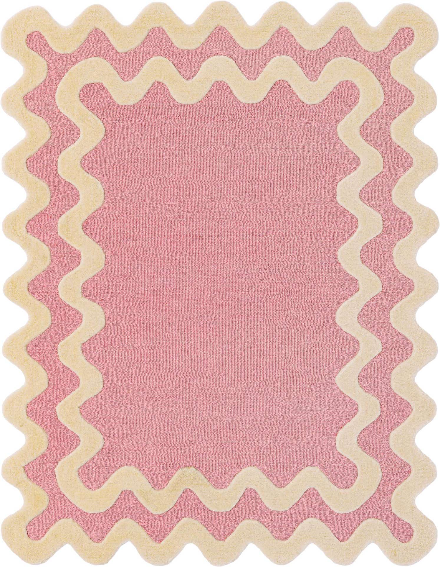 A 4x6 rectangular pink wool rug with a playful, wavy cream border, perfect for a child's room or a whimsical living space.