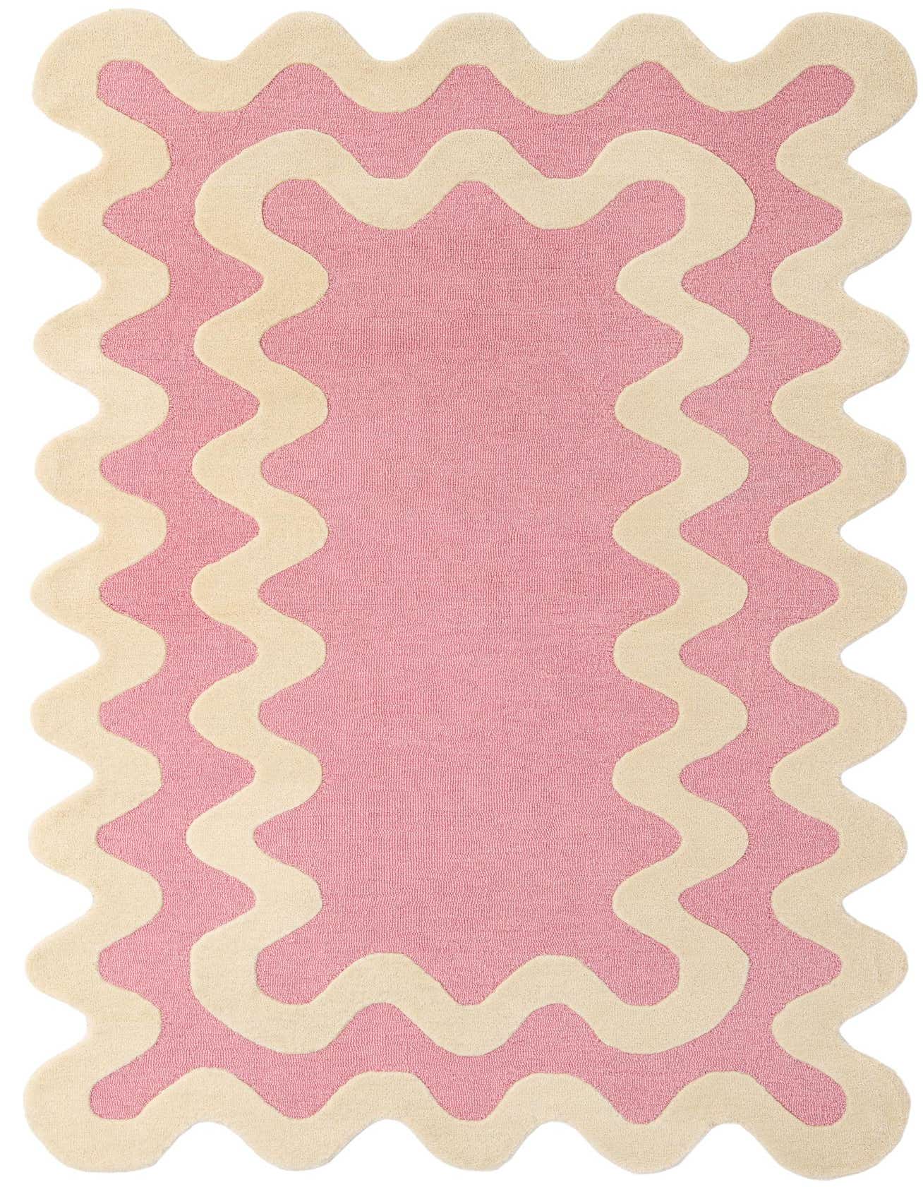 A 5x8 rectangular pink wool rug with a thick, wavy cream border, featuring a high, textured pile.
