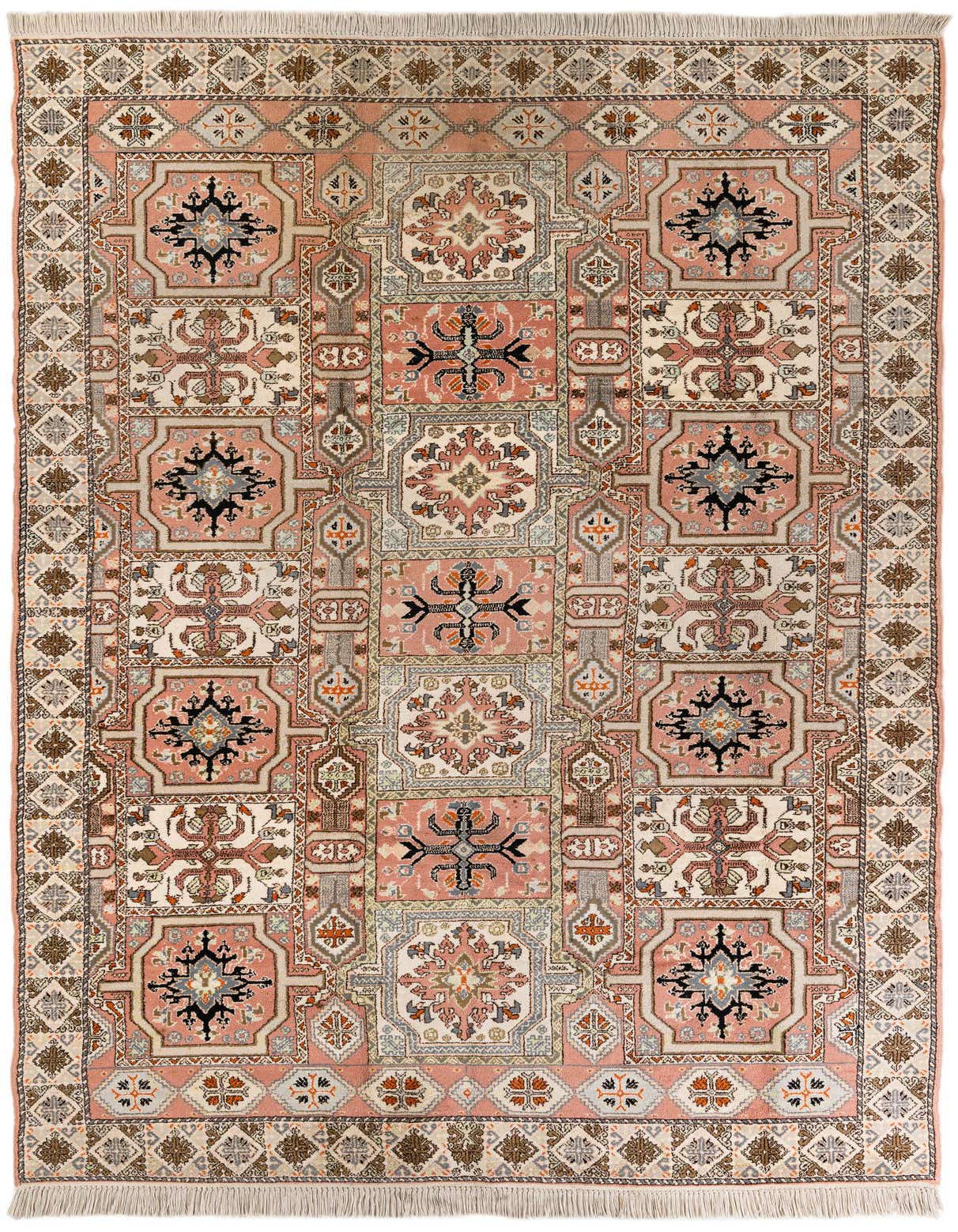 A 7x10 rectangular Heriz rug featuring a traditional Oriental pattern in shades of pink, cream, and muted earth tones, with intricate geometric and floral motifs.