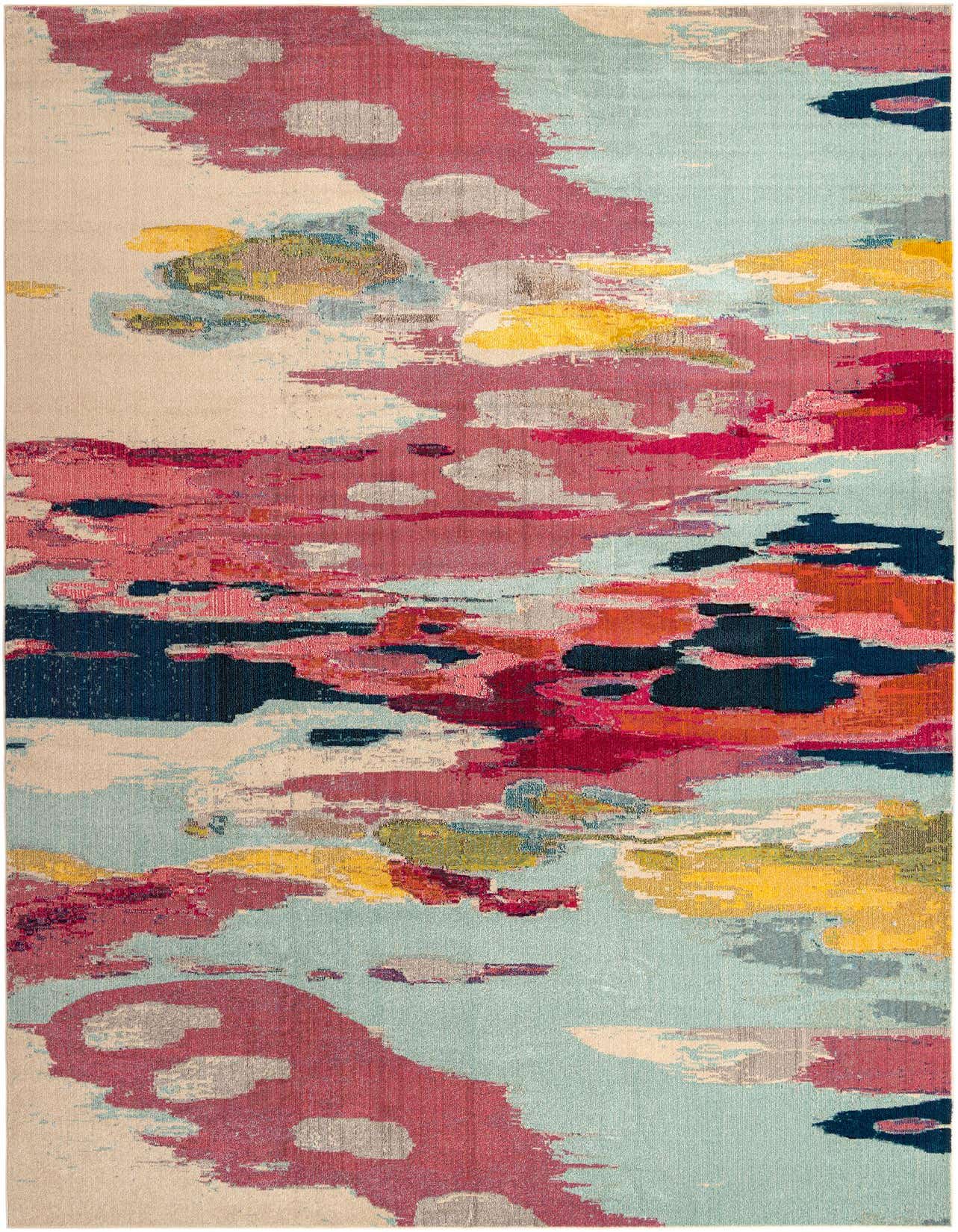 A rectangular modern abstract rug featuring a vibrant blend of pinks, blues, yellows, and creams, resembling brushstrokes or clouds.