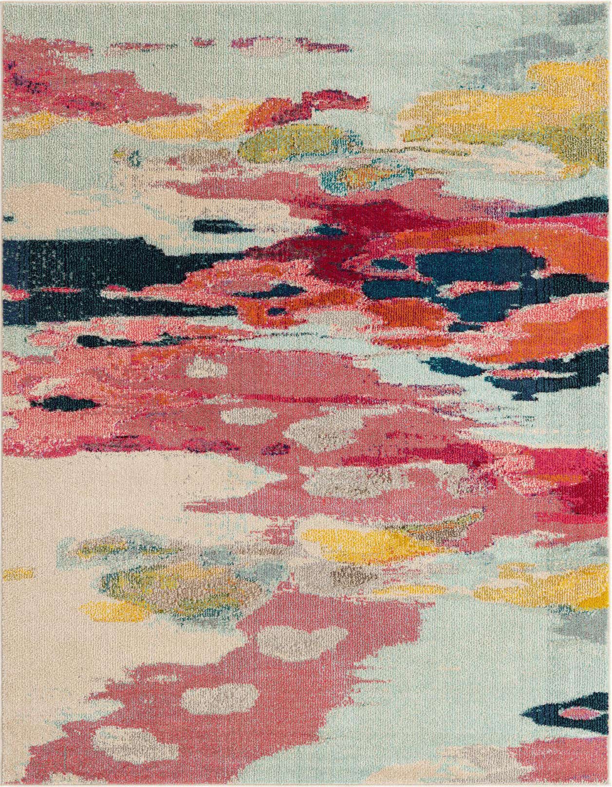 A 5x8 rectangular modern abstract rug featuring a vibrant blend of pinks, blues, yellows, and oranges, perfect for a lively living room.