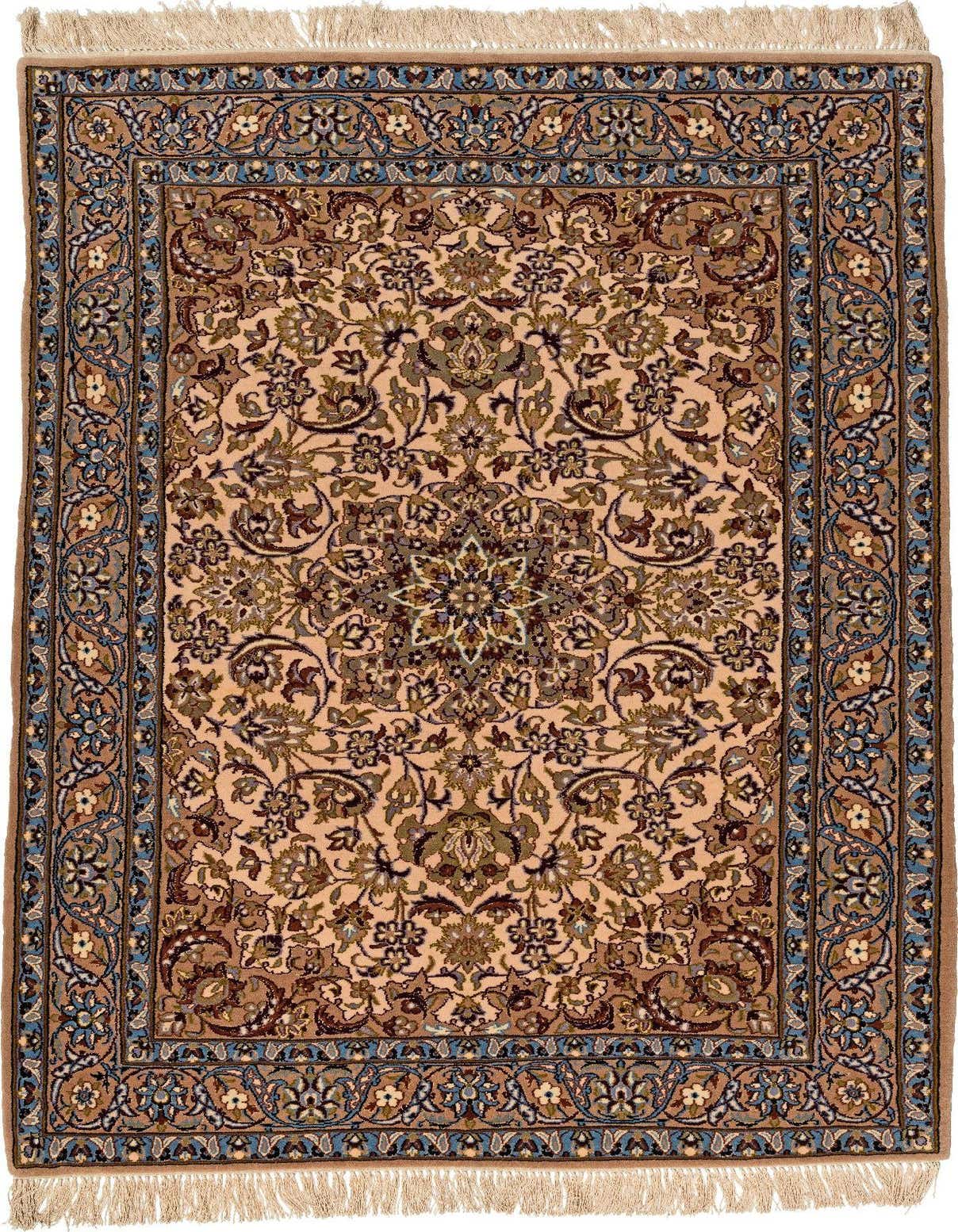 A 4x6 rectangular Isfahan rug featuring a complex floral medallion pattern in pinks, blues, and browns, with fringed ends.