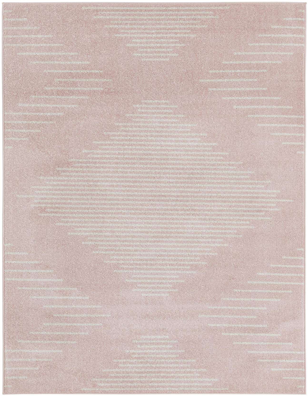 A 5x8 rectangular pink area rug with a modern coastal stripe pattern, ideal for a living room or bedroom.