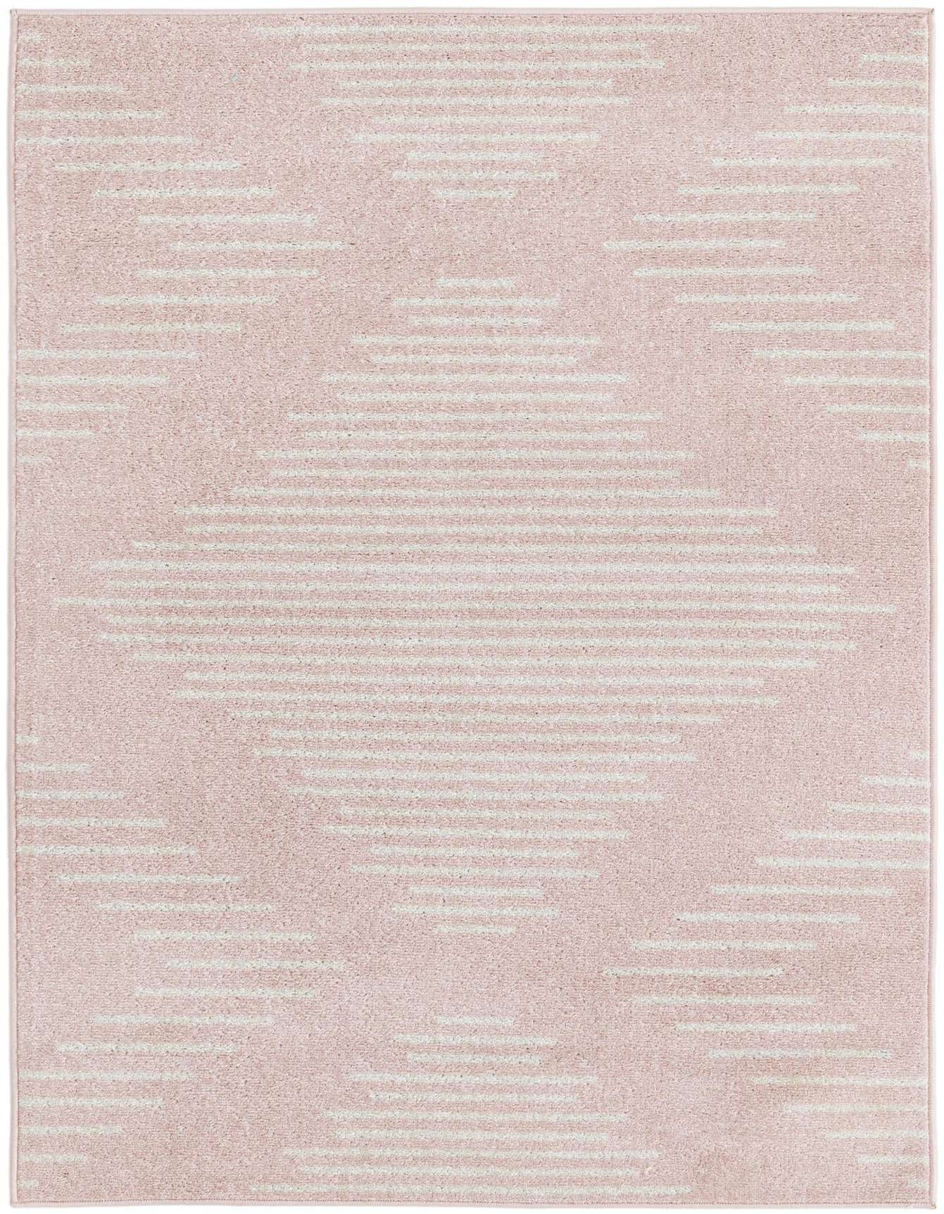 A 4x6 rectangular pink area rug with a modern coastal stripe pattern, ideal for a bedroom or living room.