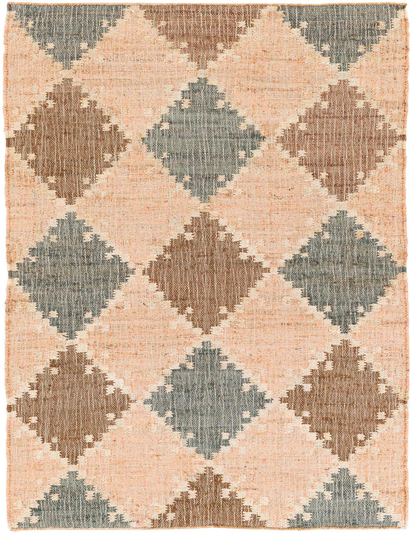 A 4x6 rectangular Rugs.com Kala Handwoven Jute rug featuring a modern diamond pattern in pink, brown, and blue tones.