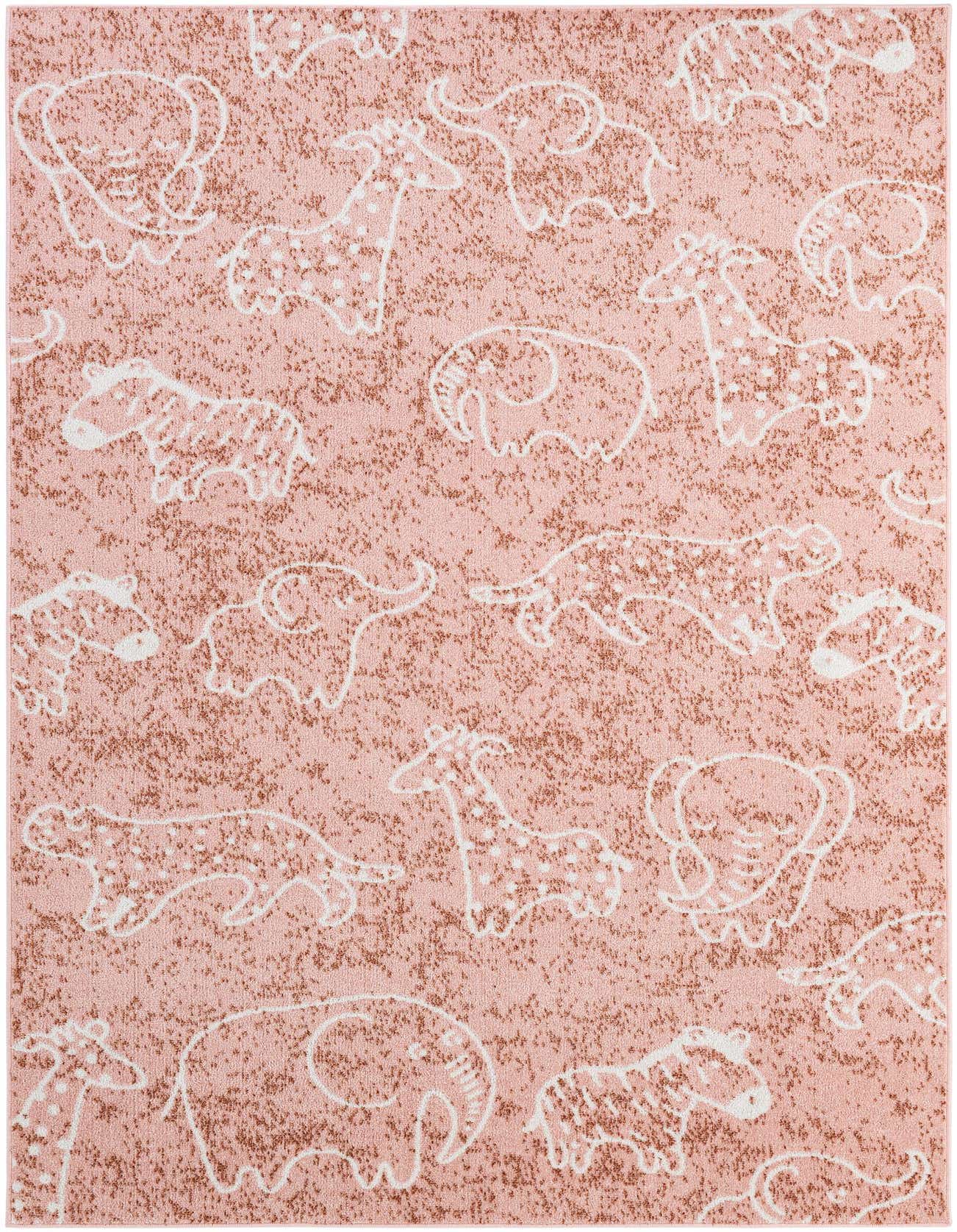 A 5x8 rectangular pink area rug featuring a playful modern pattern of white outlined safari animals like elephants, giraffes, and zebras.