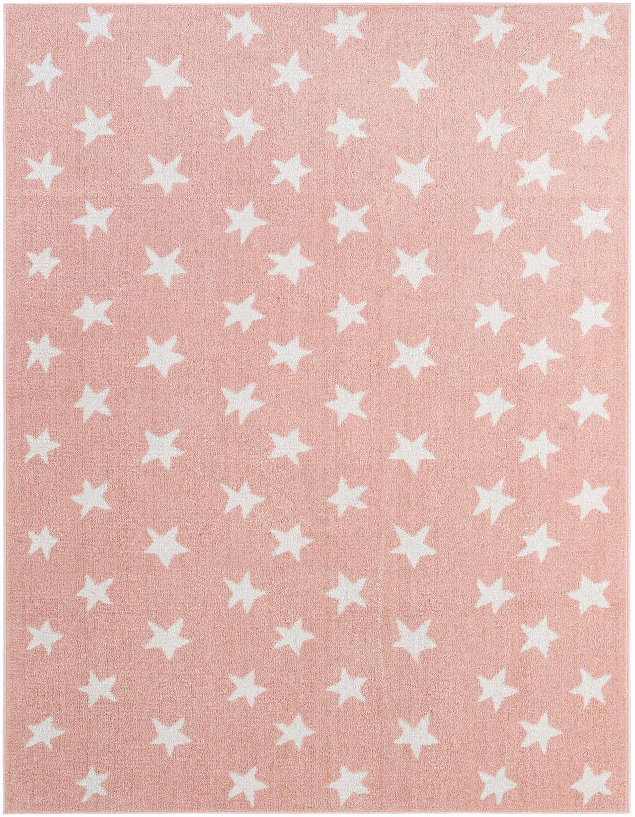 A 5x8 rectangular pink rug with a pattern of scattered white stars, suitable for a child's bedroom or playroom.