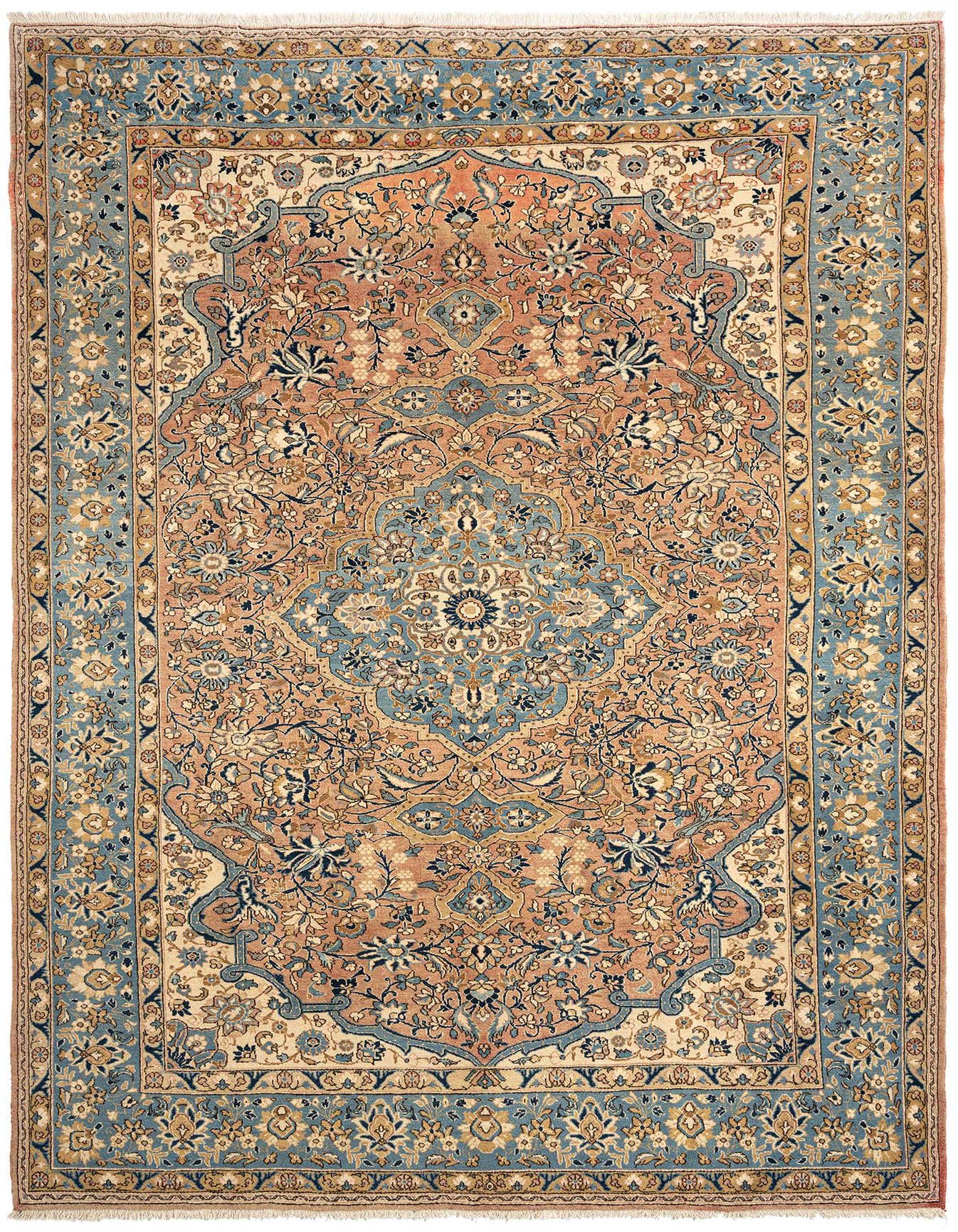 A 7x10 rectangular Persian rug in pink and blue, featuring an intricate floral medallion pattern.
