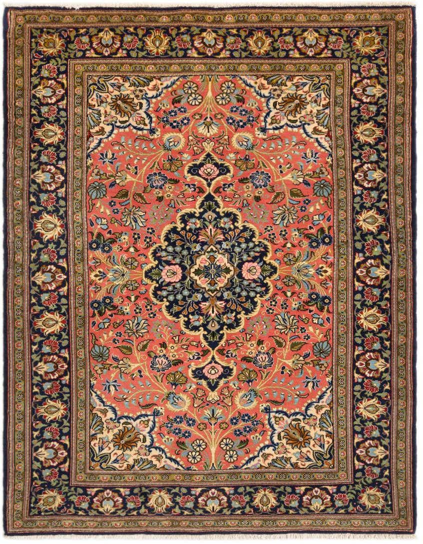 A 3x5 rectangular traditional wool rug with a pink field, navy border, and intricate floral medallion pattern.