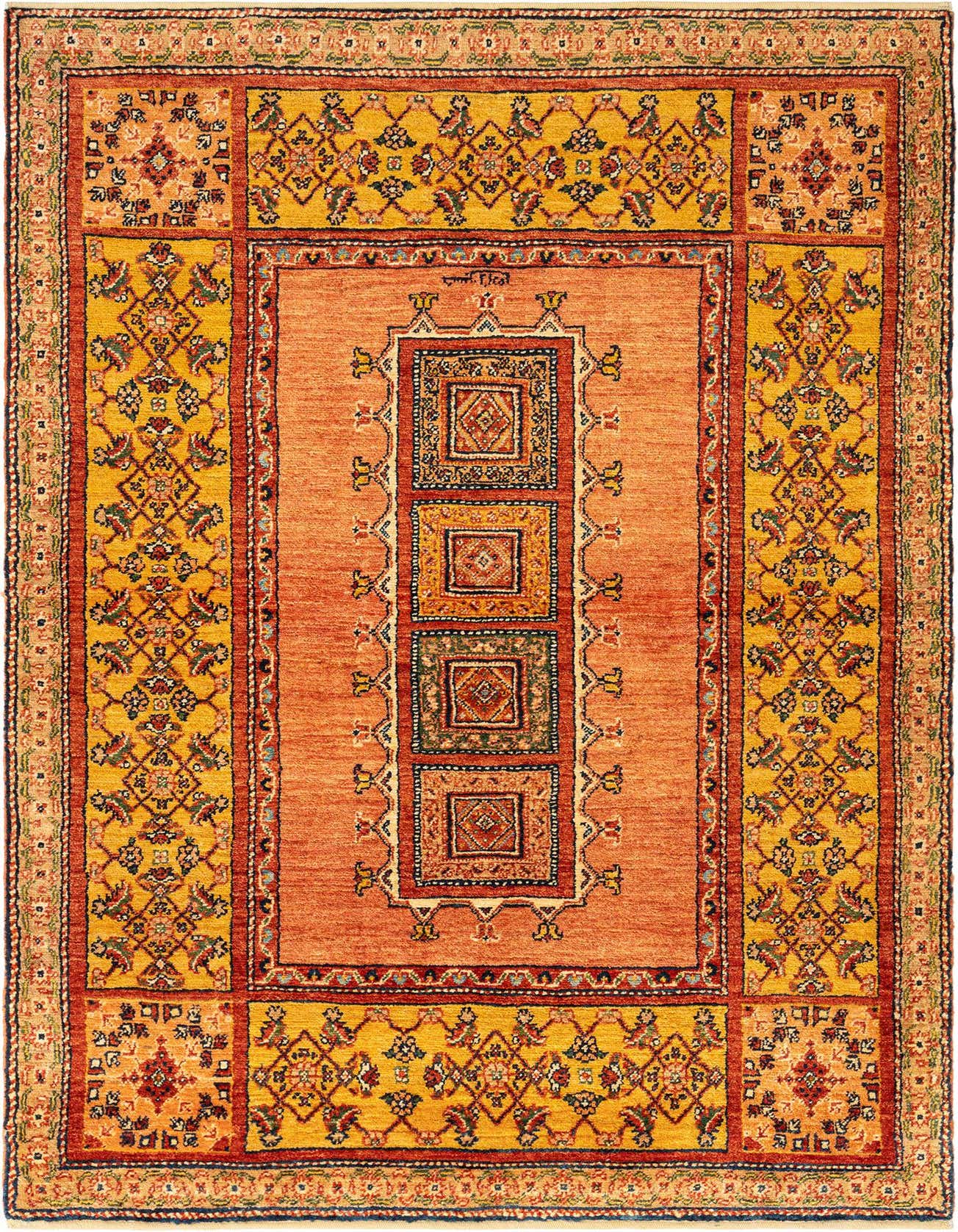 A 3x5 rectangular Kashkuli Persian rug with a pink field and a bold yellow border featuring intricate traditional patterns.