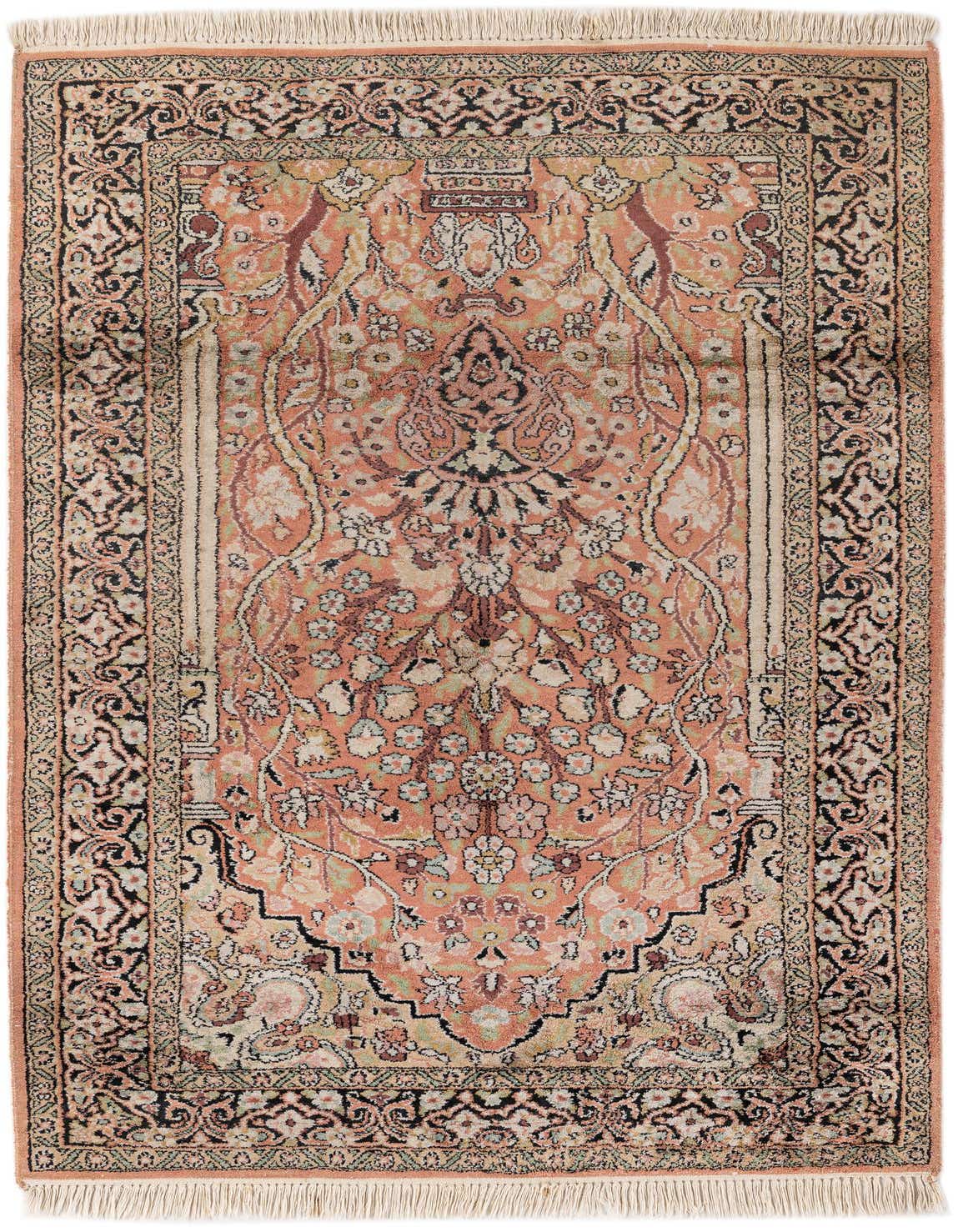 A 3x5 rectangular pink oriental wool rug with intricate floral and medallion patterns, featuring a detailed border and fringe.