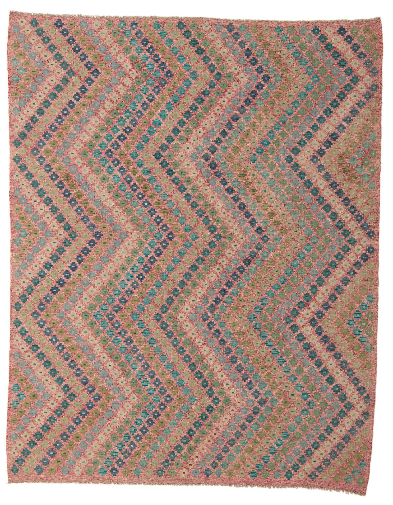 A 7x10 rectangular flatweave rug with a Southwestern-inspired geometric pattern in shades of pink, blue, and green.