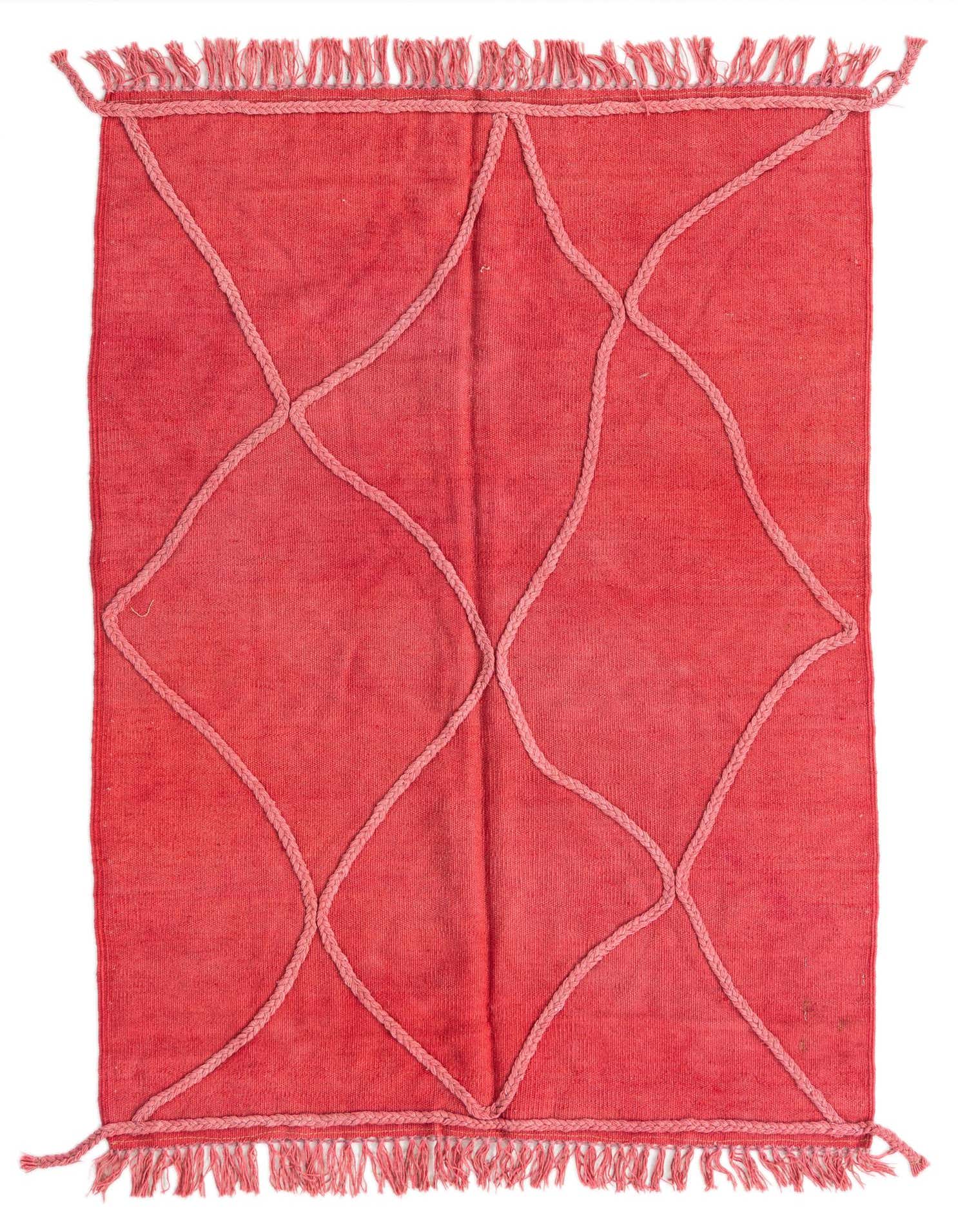 A 3x5 rectangular pink wool flatweave rug with a light pink braided geometric pattern and fringed ends.