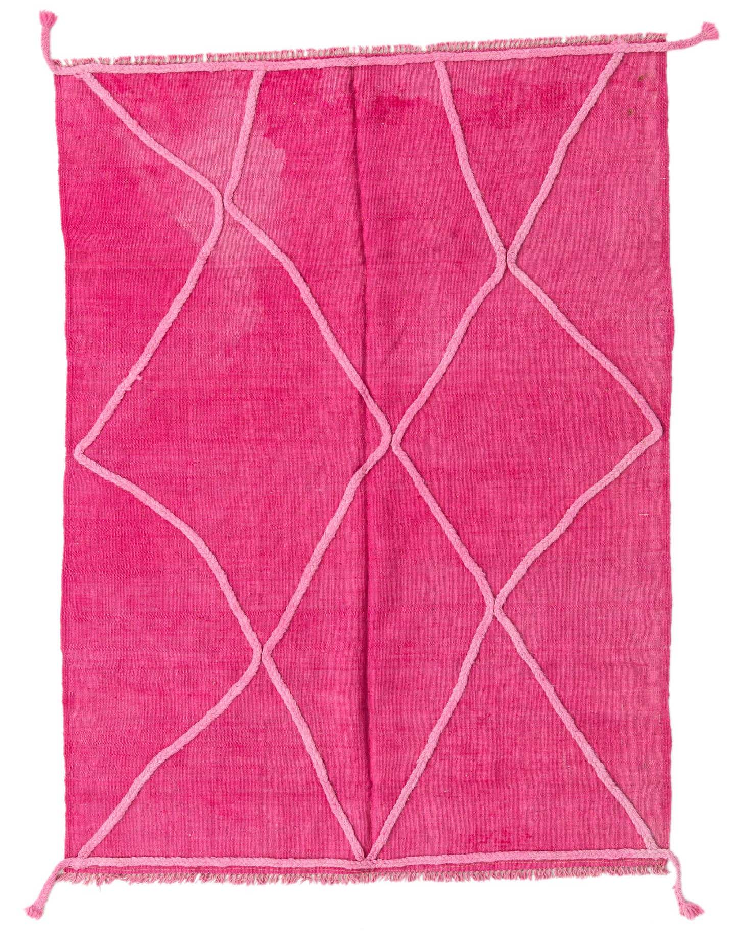 A vibrant 4x6 rectangular Kilim Modern rug in shades of pink, featuring a light pink tribal diamond pattern on a flatweave texture.