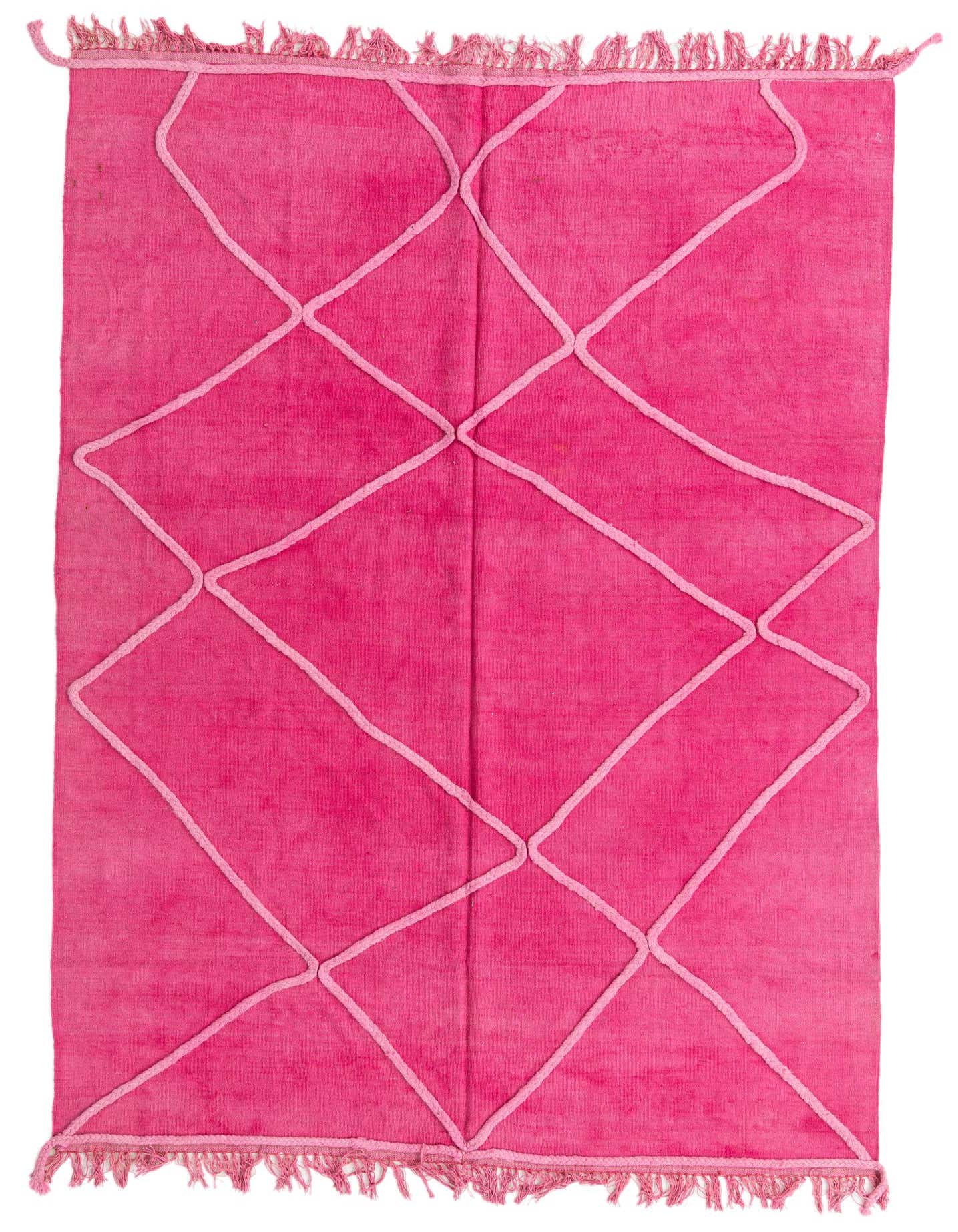 A 5x8 rectangular Kilim Modern rug in vibrant pink wool with a raised light pink tribal diamond pattern and fringed ends.