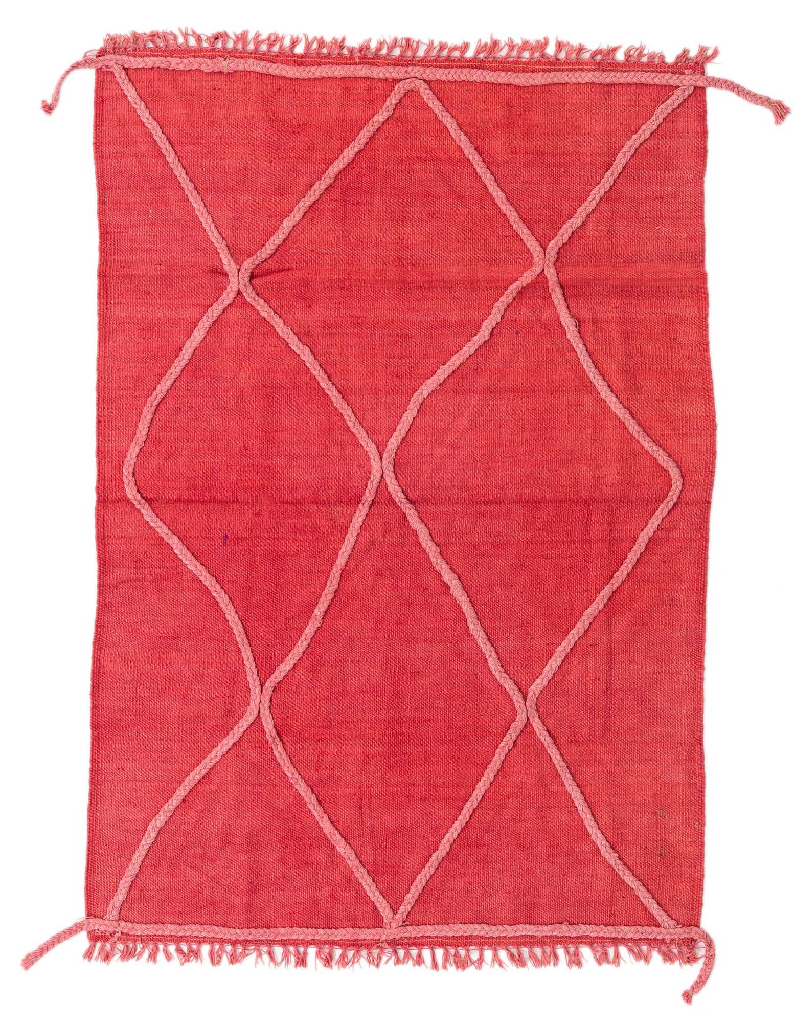 A 3x5 rectangular pink flatweave rug with a lighter pink tribal diamond pattern and fringed edges.